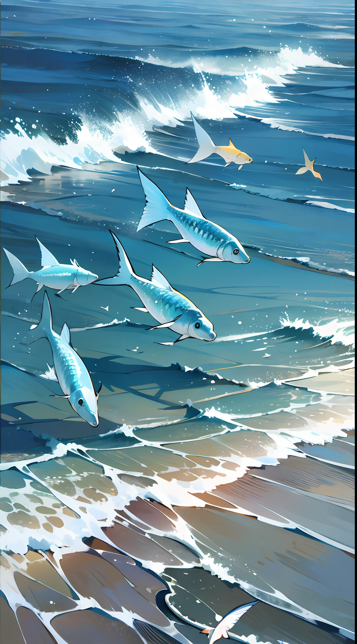 Create a landscape of several fish jumping into the sea, and some birds flying over the sea --auto --s2