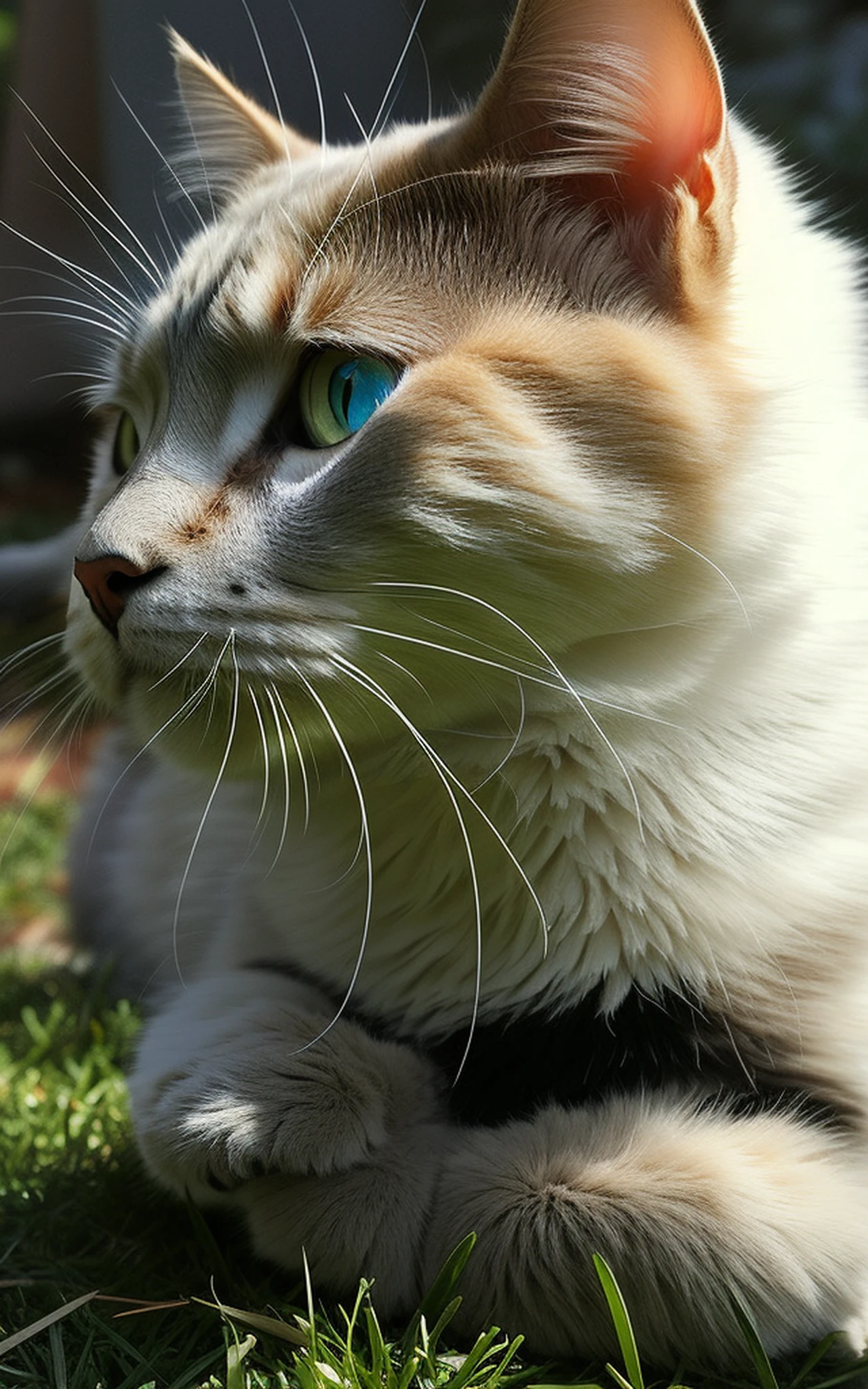 There is a cat that is lying on the grass, close-up profile, anime
