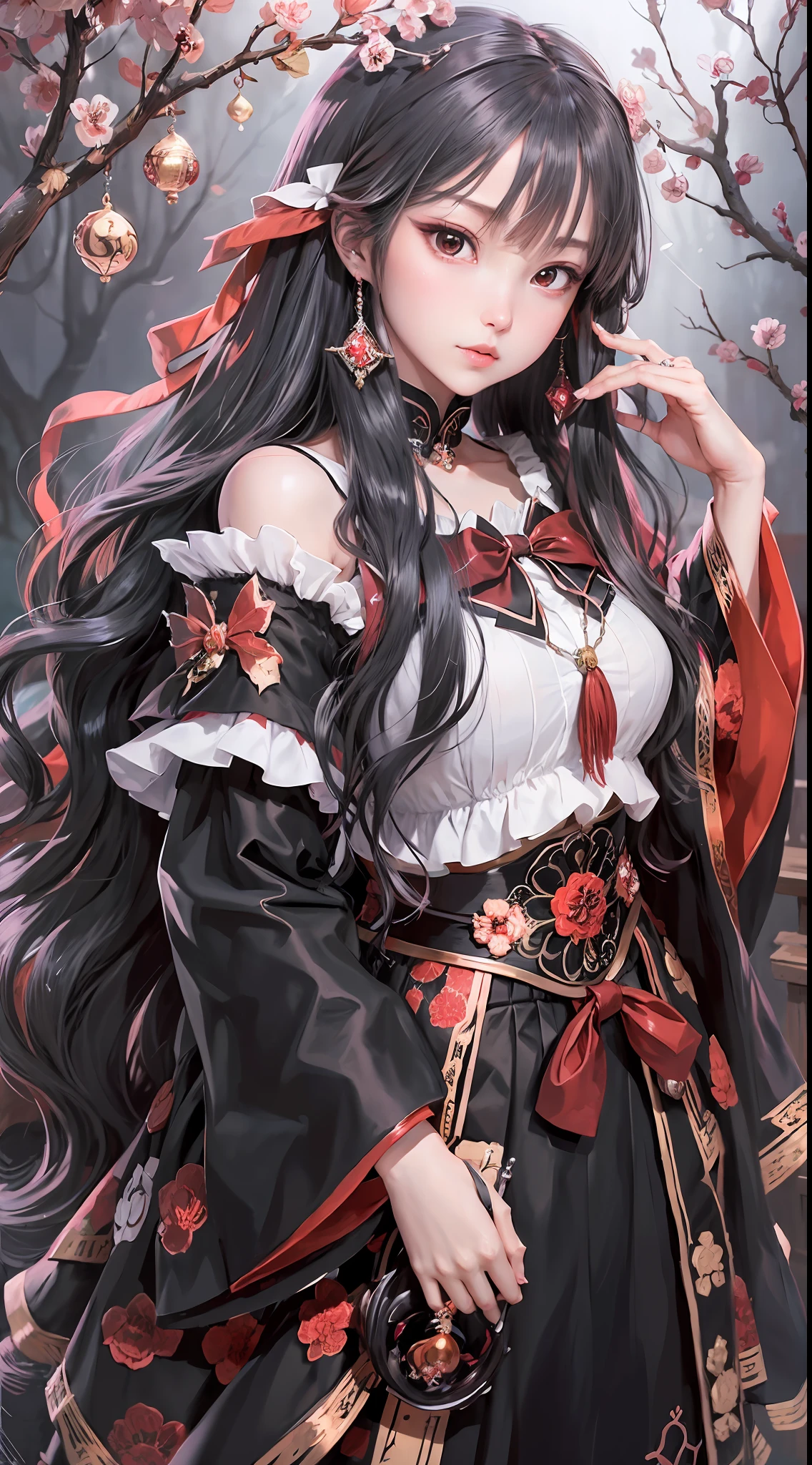 masterpiece, best quality, 1girl,houraisan kaguya, jeweled branch of hourai,branch,black hair,long hair,red eyes,skirt, wide sleeves,grey background,