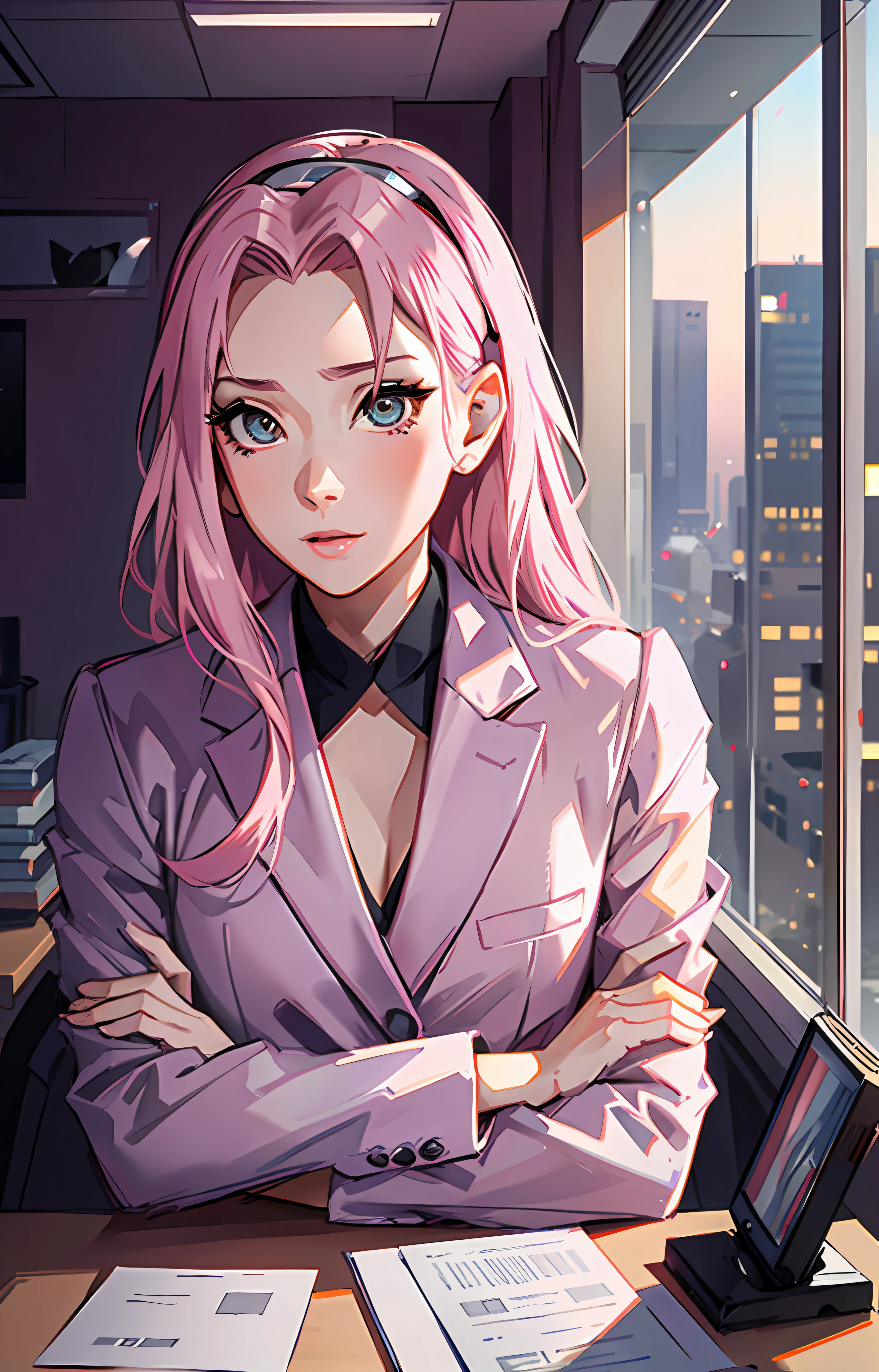 Sakura haruno, ((solo)), alone, ((forehead the show)), elegant,wearing a feminine suit, pink hair, delicate, young, long hair, detailed face, high definition, ((full body)), full body, ((serious)), in an office looking at the city outside the window, CEO, she is a beautiful woman of success, face with high quality,CEO, defined eyes, high definition, sharp, sharp features