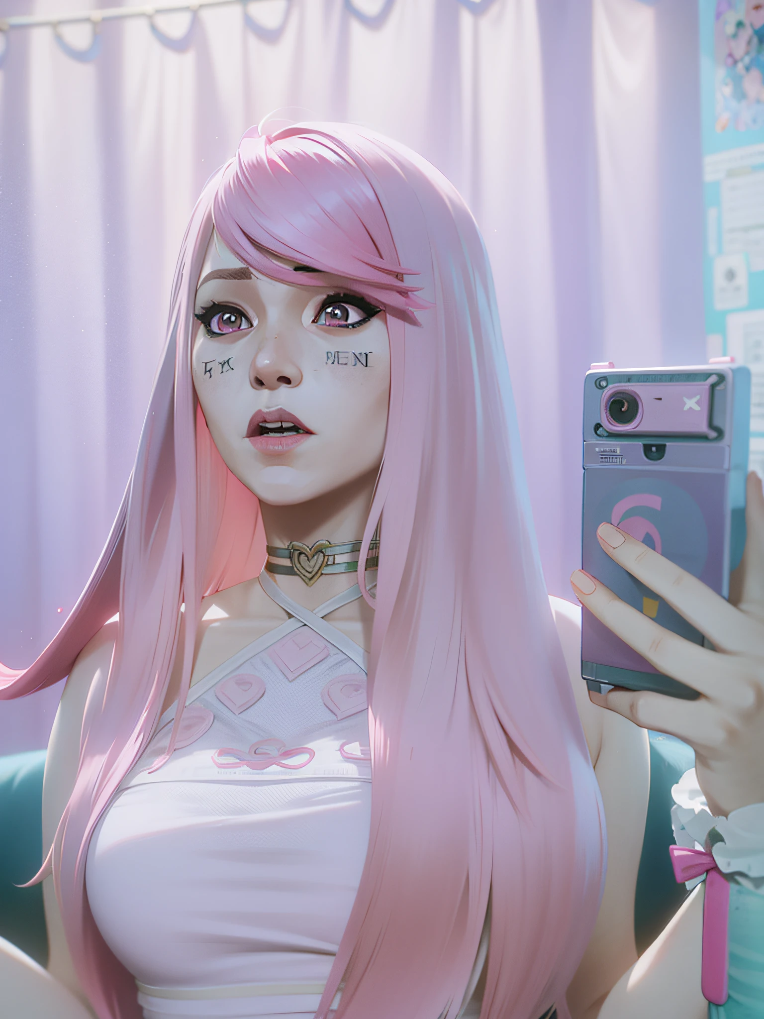there is a woman with pink hair holding a cell phone, belle delphine, with pink hair, kawaii aesthetic, ulzzang, long bubblegum hair, long flowing pink hair, pastel goth aesthetic, pink straight hair, anime vibes, ((pink)), flowing pink hair, aesthetic cute with flutter, long pink hair, light pink hair, pink pastel
