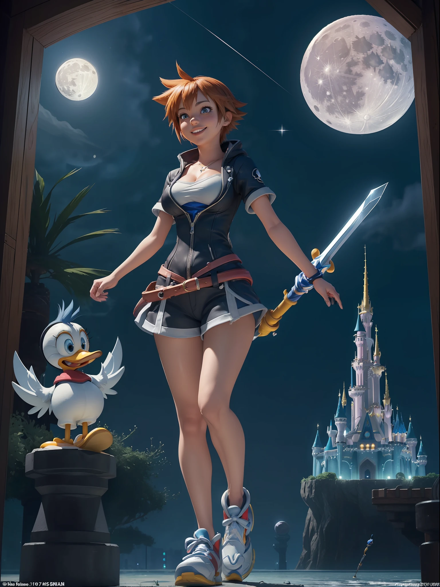 (Full body photo:1.7), (One/Woman/as Sora protagonist of Kingdom Hearts, Donald Duck and Goofy next to her:1.5), (Big breasts:1.7), (Wearing the full outfit of Sora from kingdom hearts/holding the Keblade sword in the shape of a key from the game Kingdom Hearts:1.3), (Looking at the viewer/smiling:1.3), (She is next to Donald Duck and Goofy:1.7),  (She's in a magical/night/full moon city in the sky:1.7), (She has Sora's hair from kingdom hearts: 1.5), (blue eyes: 1.5), (extremely tight body suit: 1.7), (doing sexy standing poses: 1.2), (Kingdom Hearts, award-winning, UHD, anime, high detail, 16k, high quality, masterpiece)