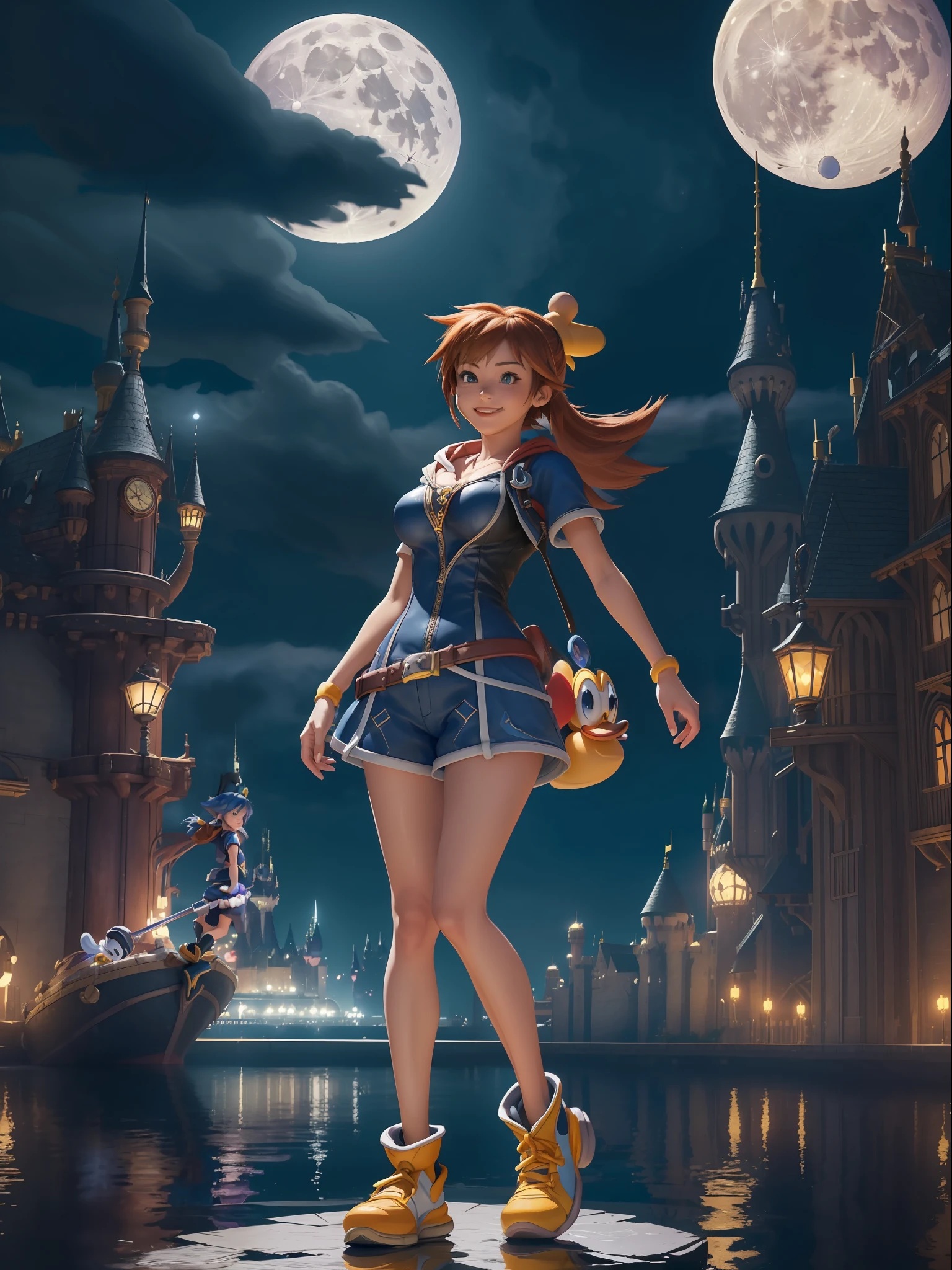 (Full body photo:1.7), (One/Woman/as Sora protagonist of Kingdom Hearts, Donald Duck and Goofy next to her:1.5), (Big breasts:1.7), (Wearing the full outfit of Sora from kingdom hearts/holding the Keblade sword in the shape of a key from the game Kingdom Hearts:1.3), (Looking at the viewer/smiling:1.3), (She is next to Donald Duck and Goofy:1.7), (She's in a magical/night/full moon city in the sky:1.7), (She has Sora's hair from kingdom hearts: 1.5), (blue eyes: 1.5), (extremely tight body suit: 1.7), (doing sexy standing poses: 1.2), (Kingdom Hearts, award-winning, UHD, anime, high detail, 16k, high quality, masterpiece)