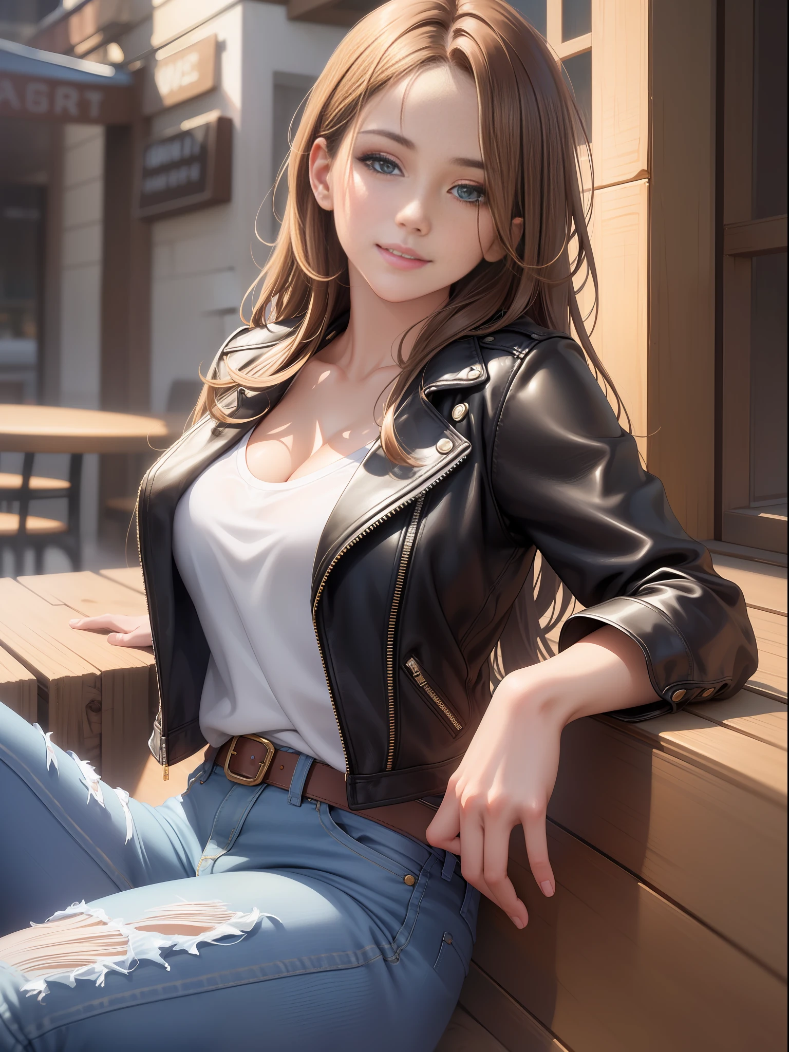 best quality, masterpiece, ultra high resolution, (photorealistic: 1.4), raw photo, 1beautiful woman,light brown hair,perfect face,perfect hand,sensual smile,light eyes,jeans shorts,crossed legs, closeup, no coffeeshop, deep shadow, dark theme, sitting, long hair, leather jacket