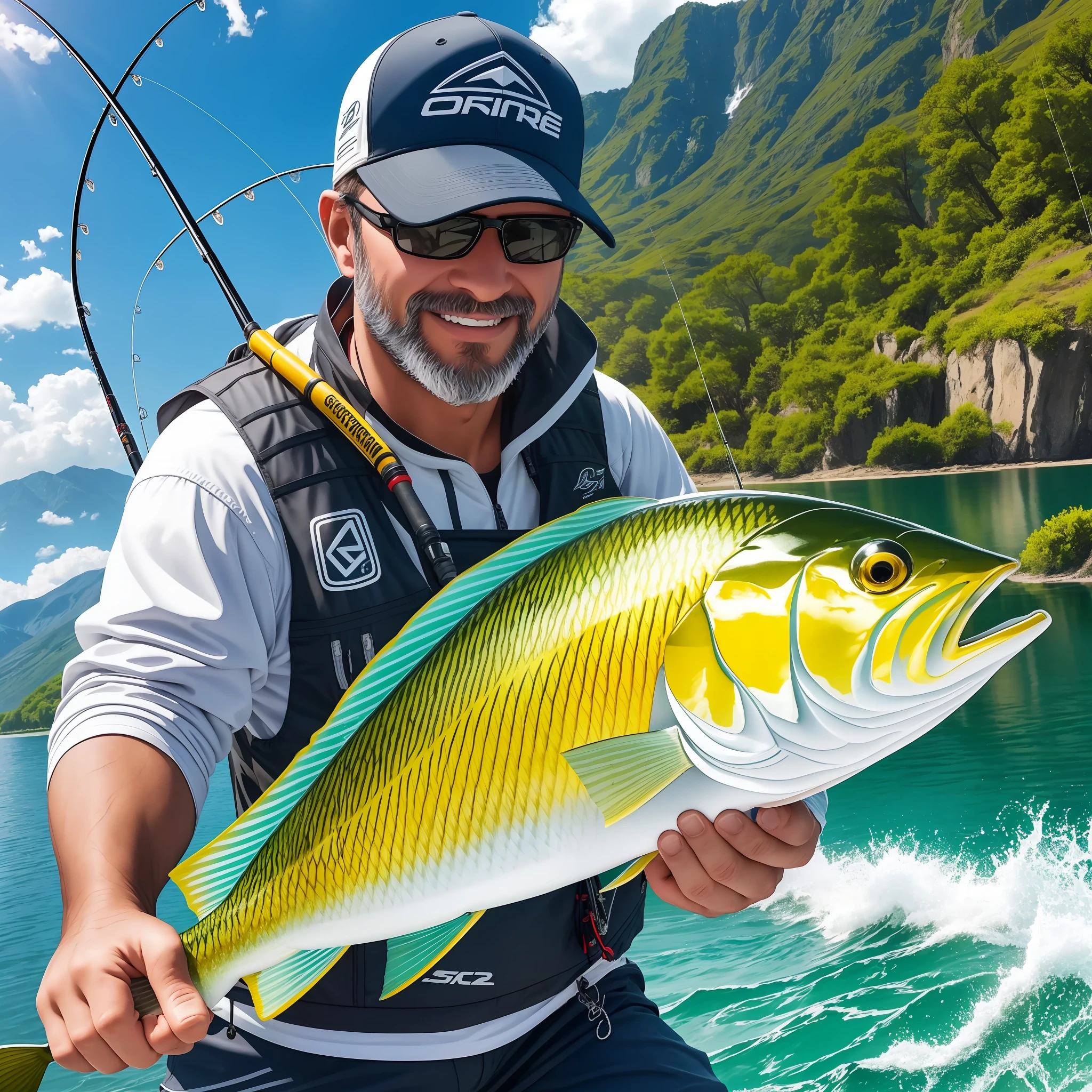 Create an attractive image for the "God of Fishing" online store that captures the essence of fishing as a sport of adventure and excitement. Be sure to include ultra-realistic details such as the texture of the water, the sunlight reflecting off the surface of the river or lake, and a wonderful landscape. The image should be inspiring and motivate customers to visit the online store, in search of high-quality fishing equipment and accessories for their next fishing adventure and put on a divine look --auto --s2