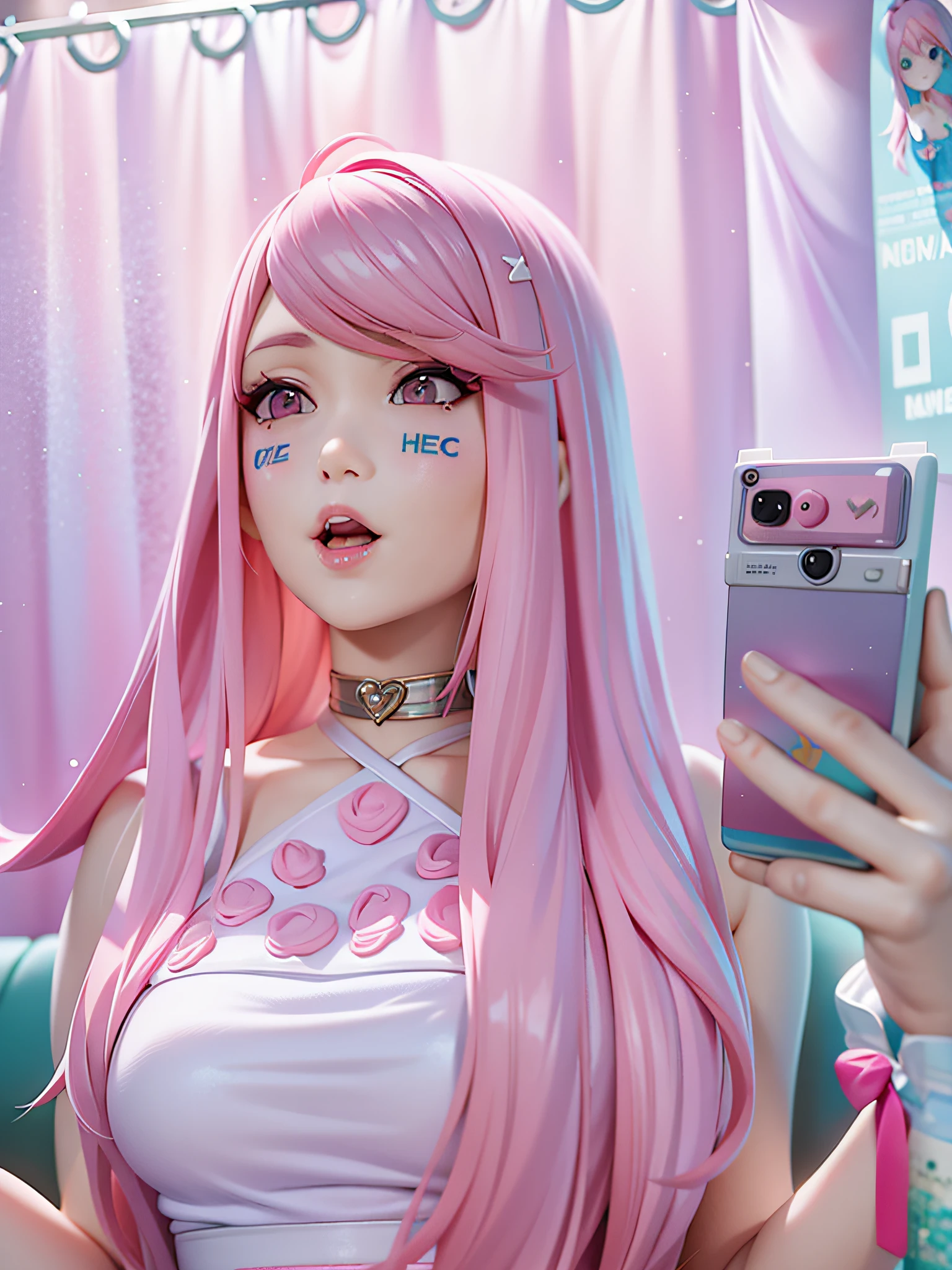 there is a woman with pink hair holding a cell phone, belle delphine, with pink hair, kawaii aesthetic, ulzzang, long bubblegum hair, long flowing pink hair, pastel goth aesthetic, pink straight hair, anime vibes, ((pink)), flowing pink hair, aesthetic cute with flutter, long pink hair, light pink hair, pink pastel