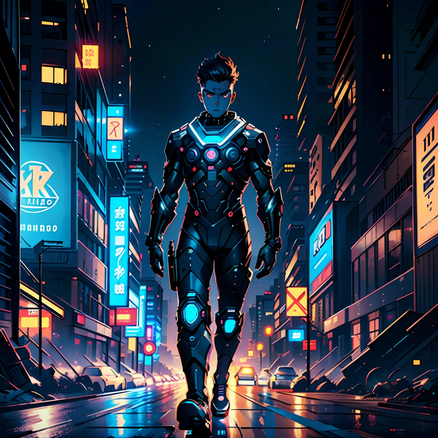 (best quality:1.2), (best illustration:1.2), (best performance:1.2), (extremely detailed 8k CG unit wallpaper), (artistic cinematic illustration), (Paramount studio lighting), ((1man:1.4)), (cute) wearing technological futuristic cyberpunk clothes, chaotic city, amazing soft lighting, hard linear