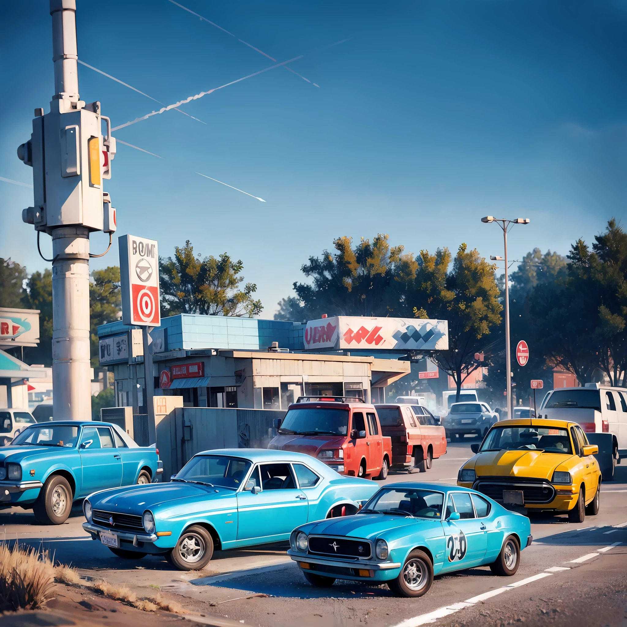 cars around abandoned gas station sign made from a rocket beautiful blue sky Clutter-Home (AtomPunkStyleSD15:1.0), (masterpiece:1.2) (photorealistic:1.2) (bokeh) (best quality) (detailed skin) (intricate) (8k) (HDR) (cinematic lighting) (sharp focus) --auto --s2