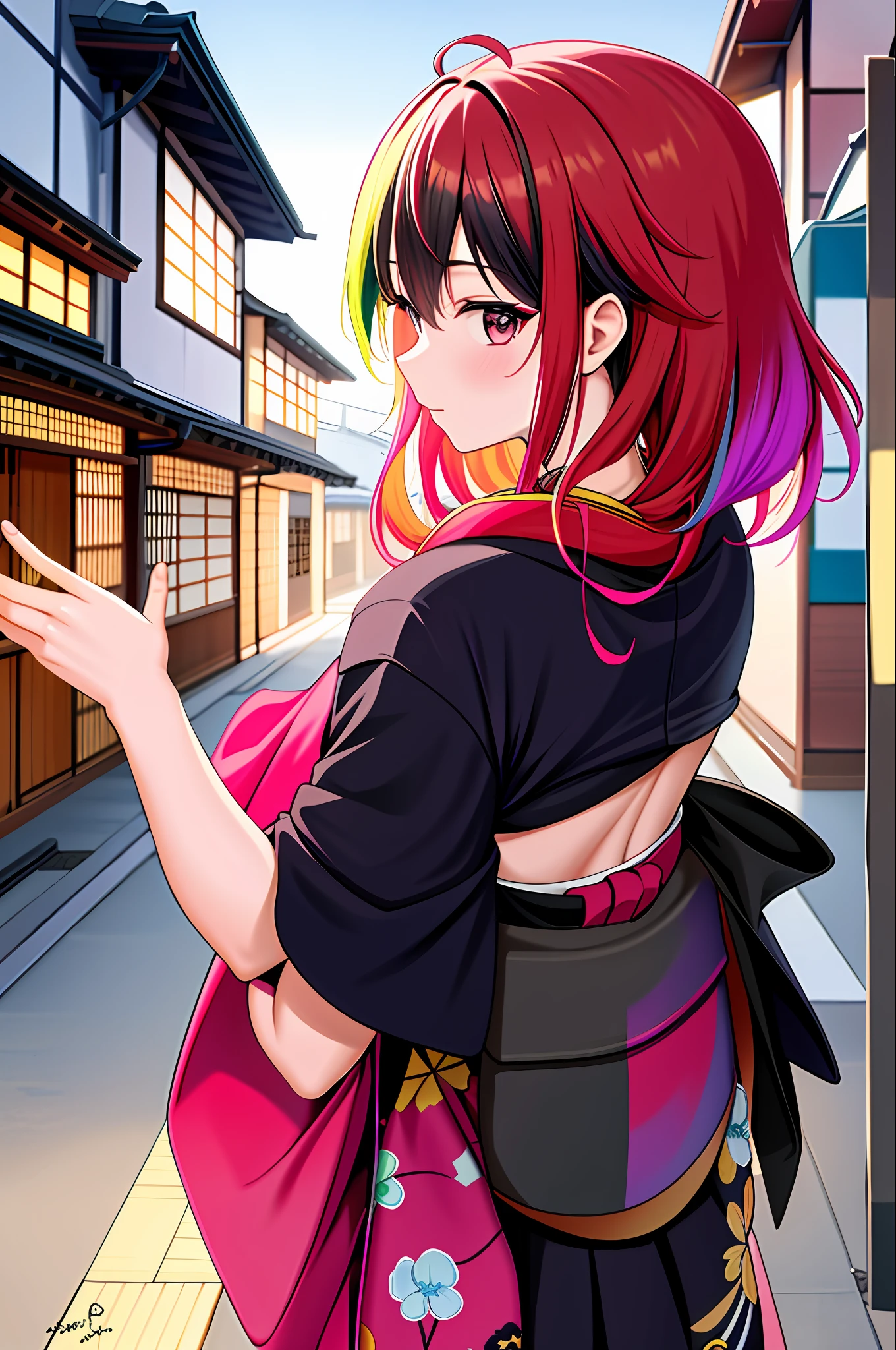 absurdres, highres, ultra detailed, (1girl:1.0), adult, depth of field, detailed, Japan, Kyoto, Traditional Cities, night, Traditional Japanese Festivals, (colorful world:1.4, colorful:1.5, colorful cloths:1.2, neon colors hair:1.6, multicolored hair, neon colors cloths:1.6)
BREAK
, nice hands, perfect hands, punk rock girl, stylish pose, cool, from behind,
BREAK
, A painting using a very diverse range of colors.
BREAK
, Create a Japanese-inspired fantasy scene, with elements of traditional Japanese culture.