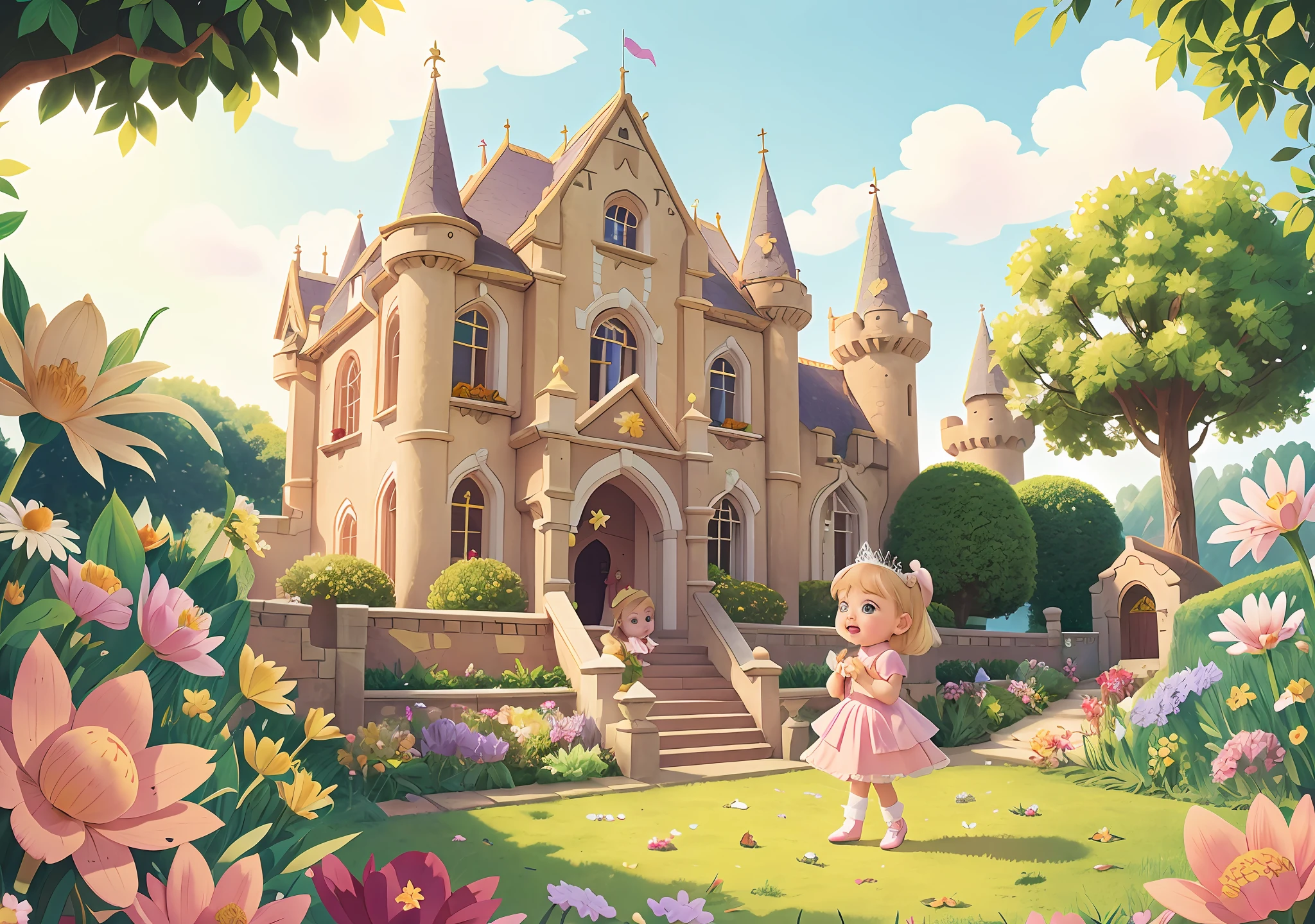 5-year-old girl, blonde, dressed as a princess, in front of an old castle, strolling in a flower garden, drawing type comics, comics, children's literature.