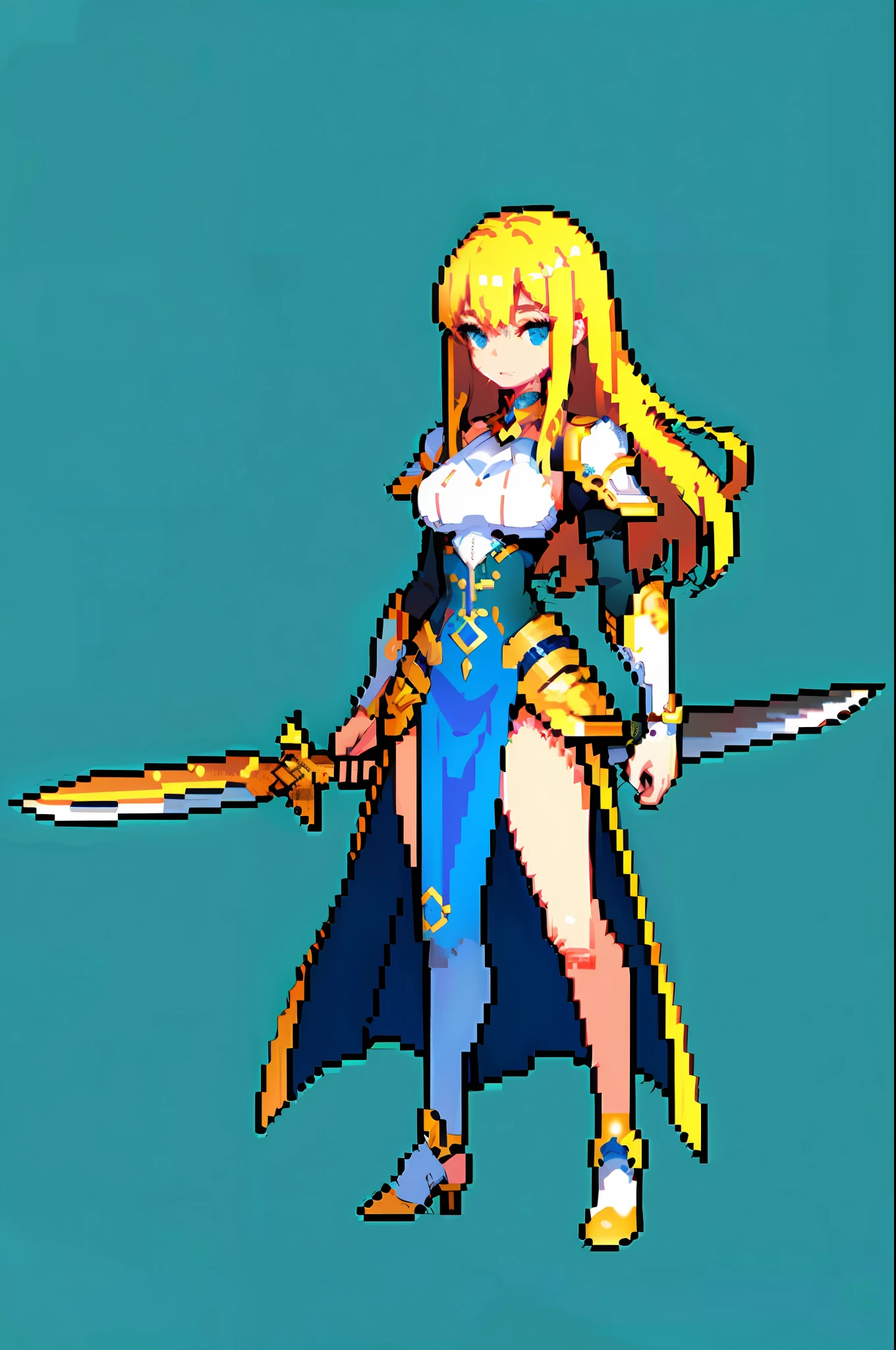 (masterpiece, top quality, best quality), pixel, pixel art, 1girl, full body, white armor, neckline, blonde hair, long hair, giant sword.