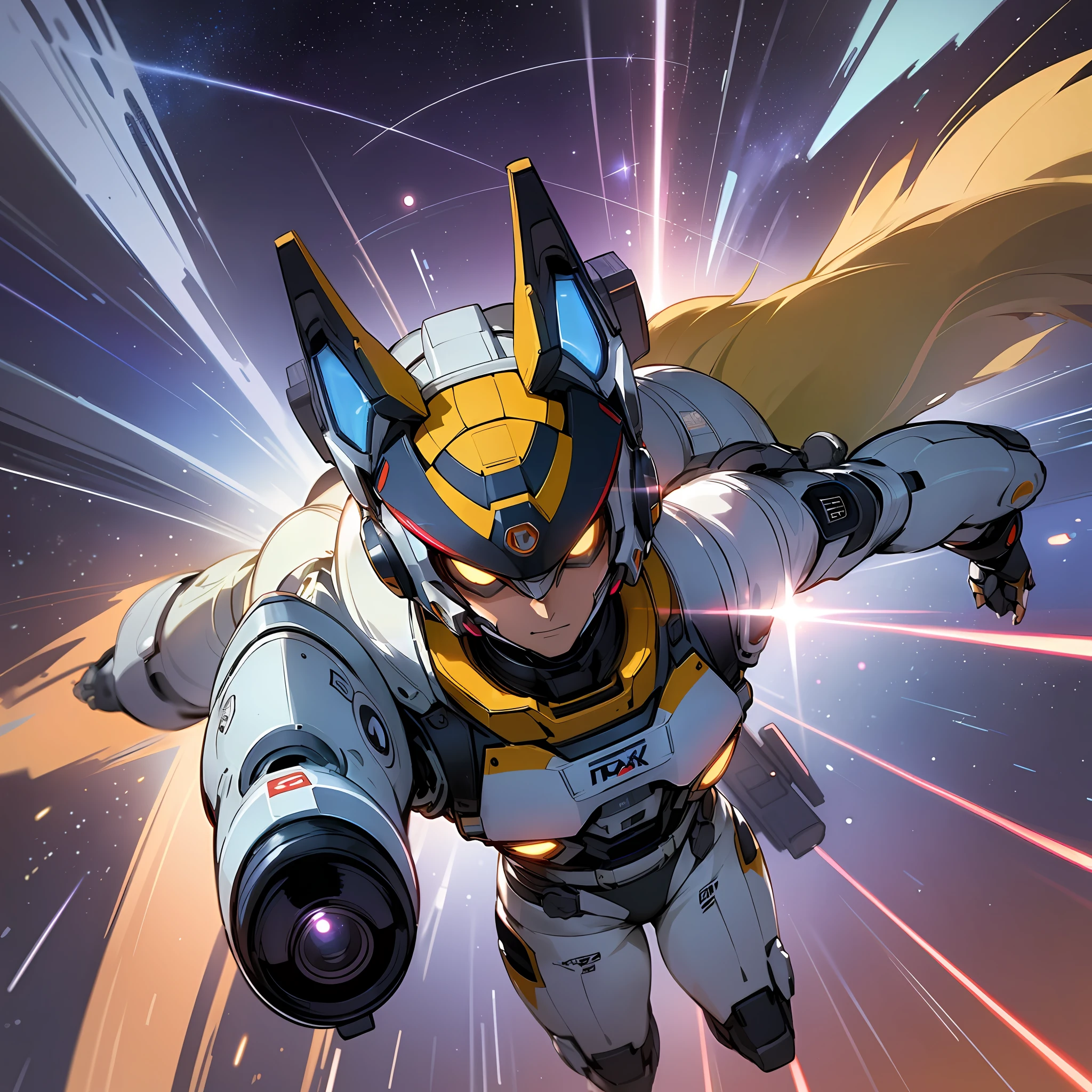 (masterpiece), best quality, ultra-detailed,(Fox McCloud), pilot attire, sleek, high-tech, futuristic, intense action shot, space fighter, targeting system, laser beam, deep space, starry background, dynamic lighting