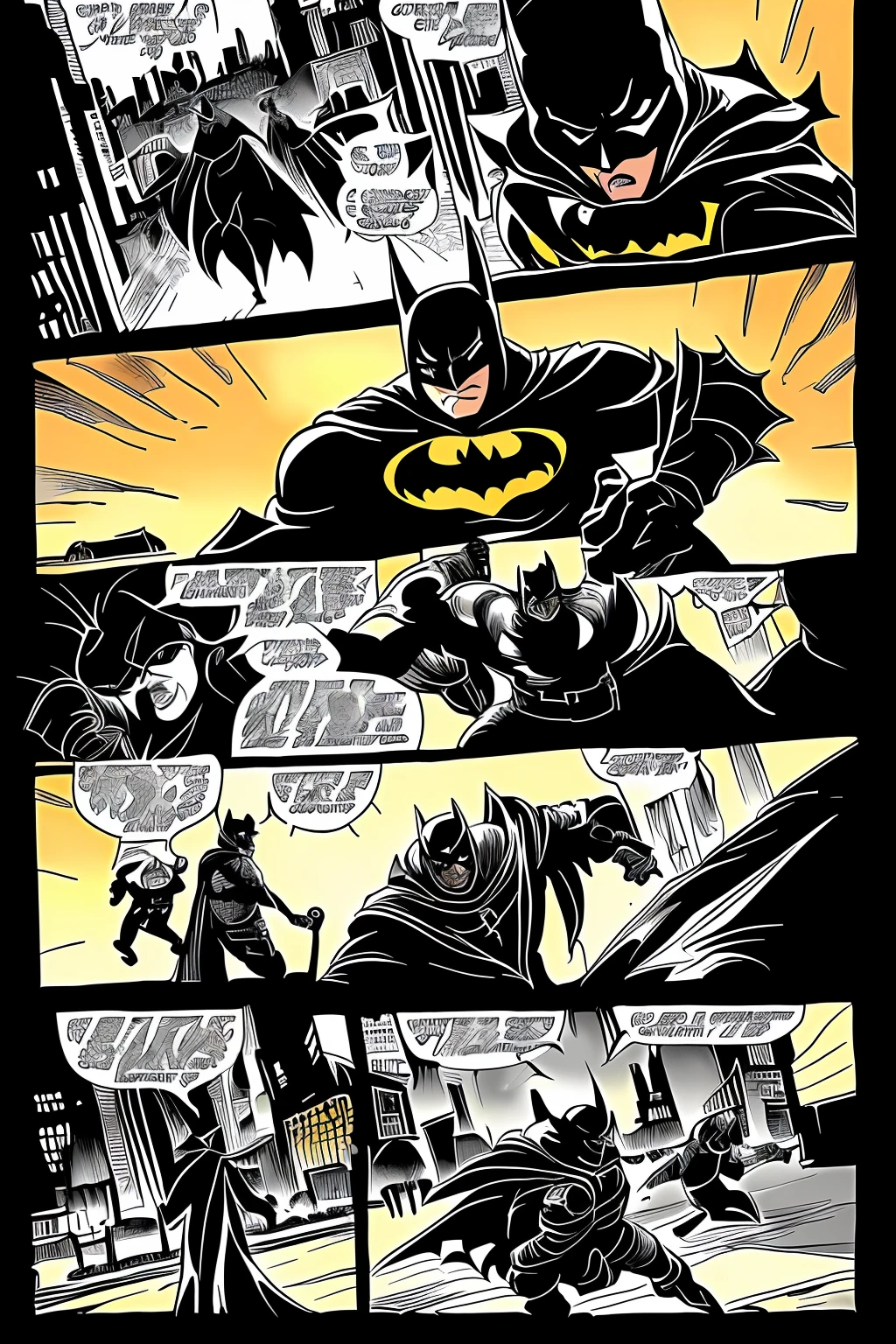 Page 1: Batman patrols the streets of Gotham City when suddenly a scream is heard. He follows the sound and finds a woman being attacked by a villain. Create a comic book where each page is a sequel to the same story