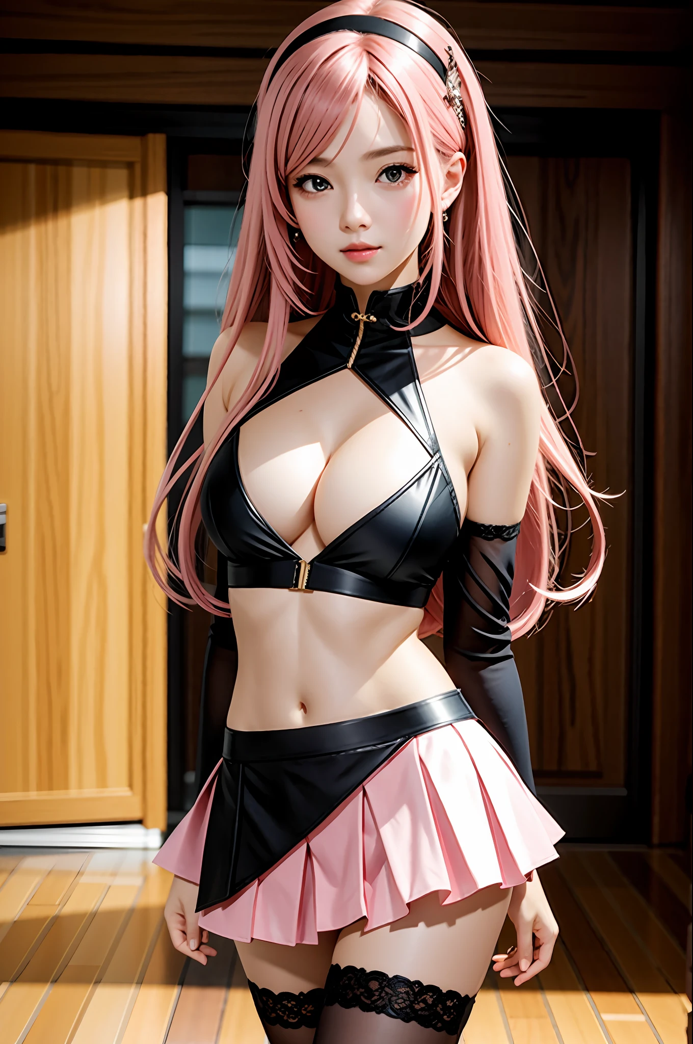Realistic, realistic details, details
break
1 girl, beauty, seductive face,, fine skin, anicos_inori, pink hair, long hair, navel, parted sleeves, bare shoulders, center opening, cleavage, middle chest, hair clip with long feathers, hair ornament, red eyes, thigh height,, full body, watch viewer,
Break, Isekai, Miniskirt
Indoor, simple background
break
Perspective, blurry background, third rule, sharp focus, depth of field
break
(Urzan-6500-V1.1:0.2)