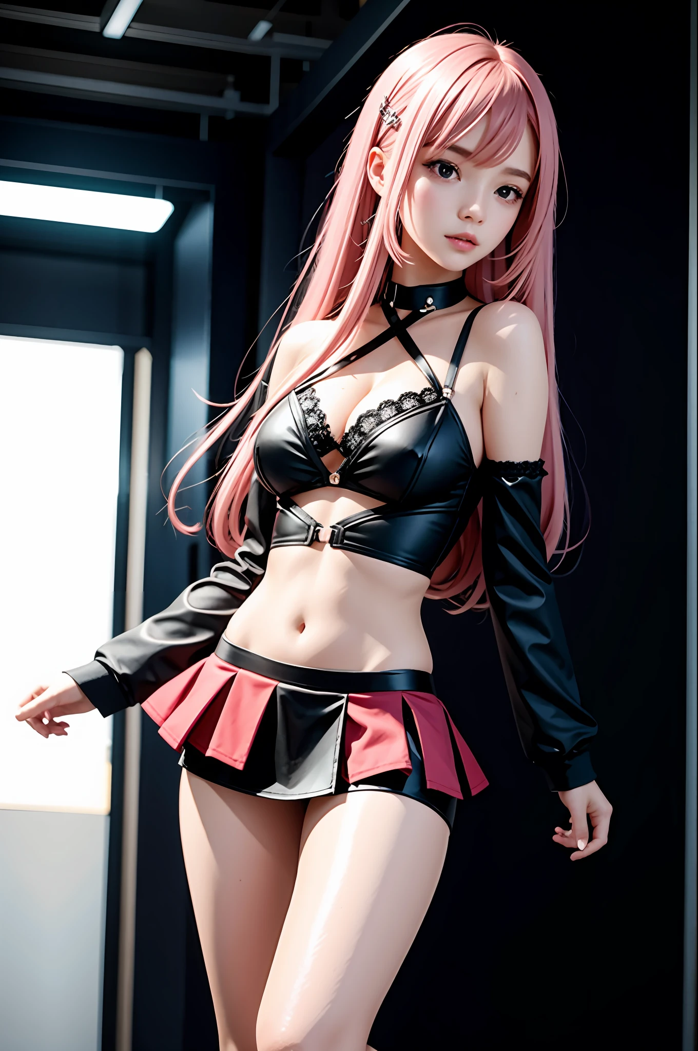 Realistic, realistic details, details
break
1 girl, beauty, seductive face,, fine skin, anicos_inori, pink hair, long hair, navel, parted sleeves, bare shoulders, center opening, cleavage, middle chest, hair clip with long feathers, hair ornament, red eyes, thigh height,, full body, watch viewer,
Break, Another World, Miniskirt, Darkness
Indoor, simple background
break
Perspective, blurry background, third rule, sharp focus, depth of field
break
(Urzan-6500-V1.1:0.2)