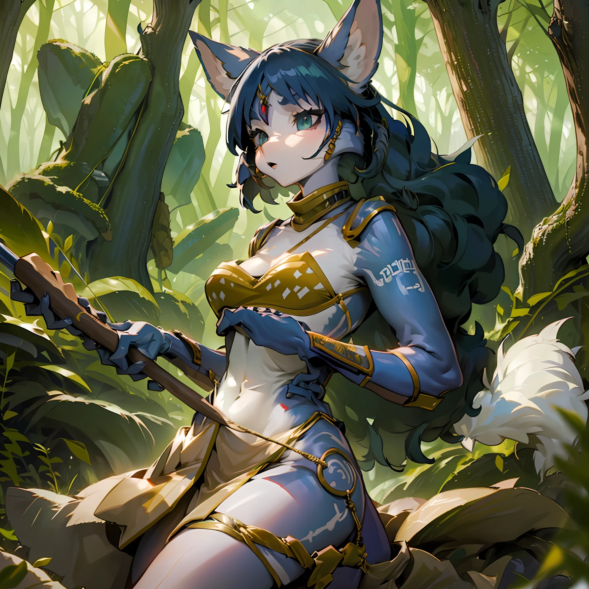 (Foxgirl), standing in combat readiness, holding a (long stick), on a (forest) battlefield, (benbo forest), dynamic pose, vibrant colors, magical atmosphere.