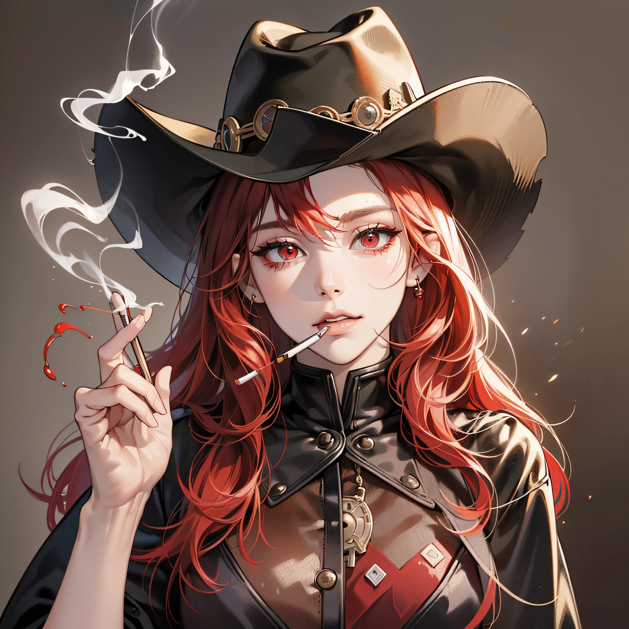 (8k, best quality, masterpiece:1.2), ultra-detailed,best quality, ultra high resolution, professional lighting, red-haired woman, cowboy hat, smoking a cigarette, blood in mouth, vampire, wild west setting, pale, beautiful, hot, sexy, old west outfit, cowboy outfit, shy, red eye, seductive look, piercing look, mysterious look --auto --s2