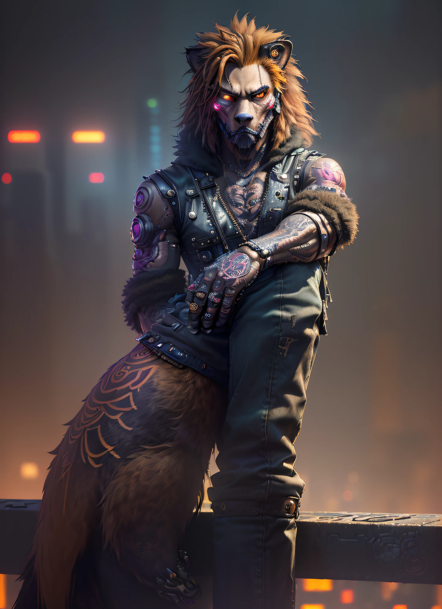 ((furry, anthropomorphic lion, best quality: 1.2)), ((sitting on a wall), bridge view, (((foggy night)), (thin waist), (((cyberpunk guangue background)),(super detailed), trend in artstation, soft lighting, blurred foreground, masterpiece, super detail, best quality, (yakuza tattoos on the body), black jeans.