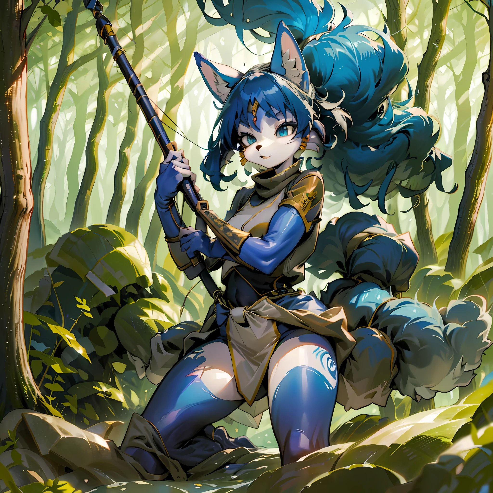 (Foxgirl), standing in combat readiness, holding a (long stick), on a (forest) battlefield, (benbo forest), dynamic pose, vibrant colors, magical atmosphere.