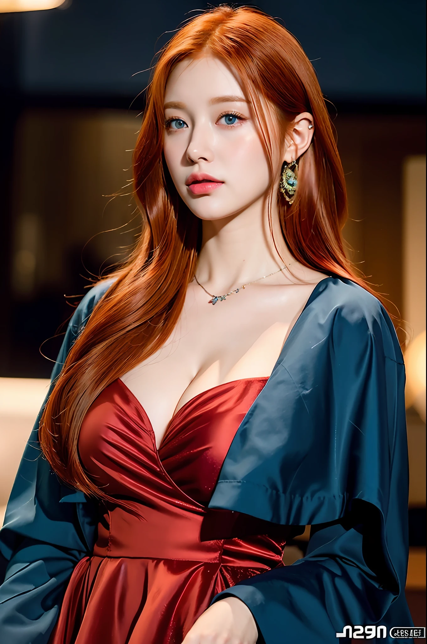 ((high quality)), masterpiece, ultra-detailed, female,(ginger hair:1.2+red hair),(perfect hands), blue eyes,1900s era setting, brown coat, blue dress, cleavage emphasis, nice hips, raytracing, 8k, cinematic rendering, rebel attitude.