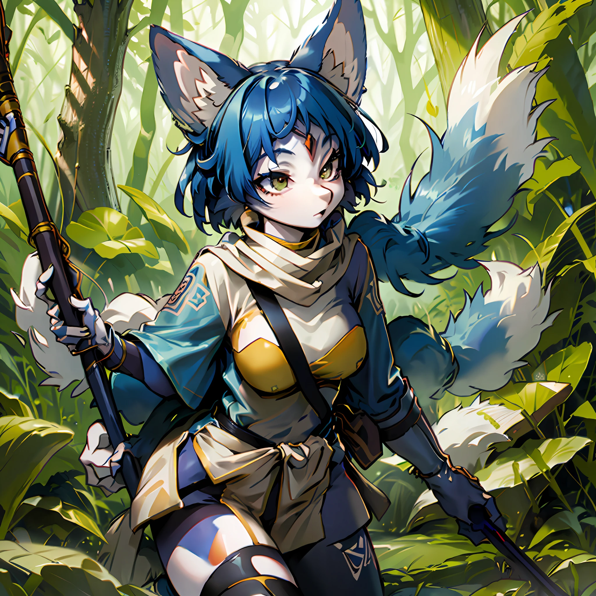 Foxgirl, Holds a long stick and stands in combat readiness, in a battlefield in the Benbo Forest