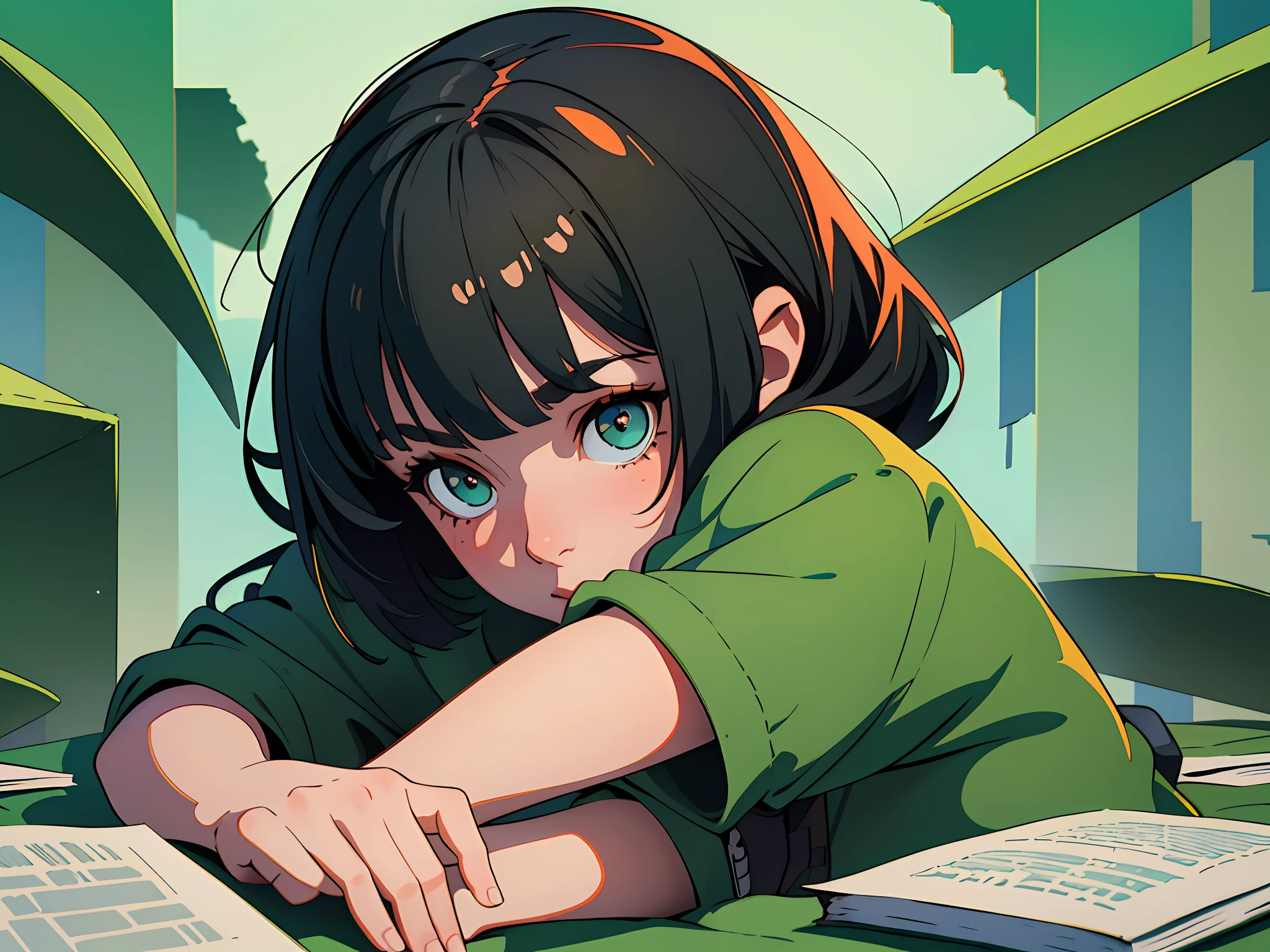 (best quality, masterpiece), 1girl, black bob cut hair, green jacket, white background, stack of books, eyes not facing camera