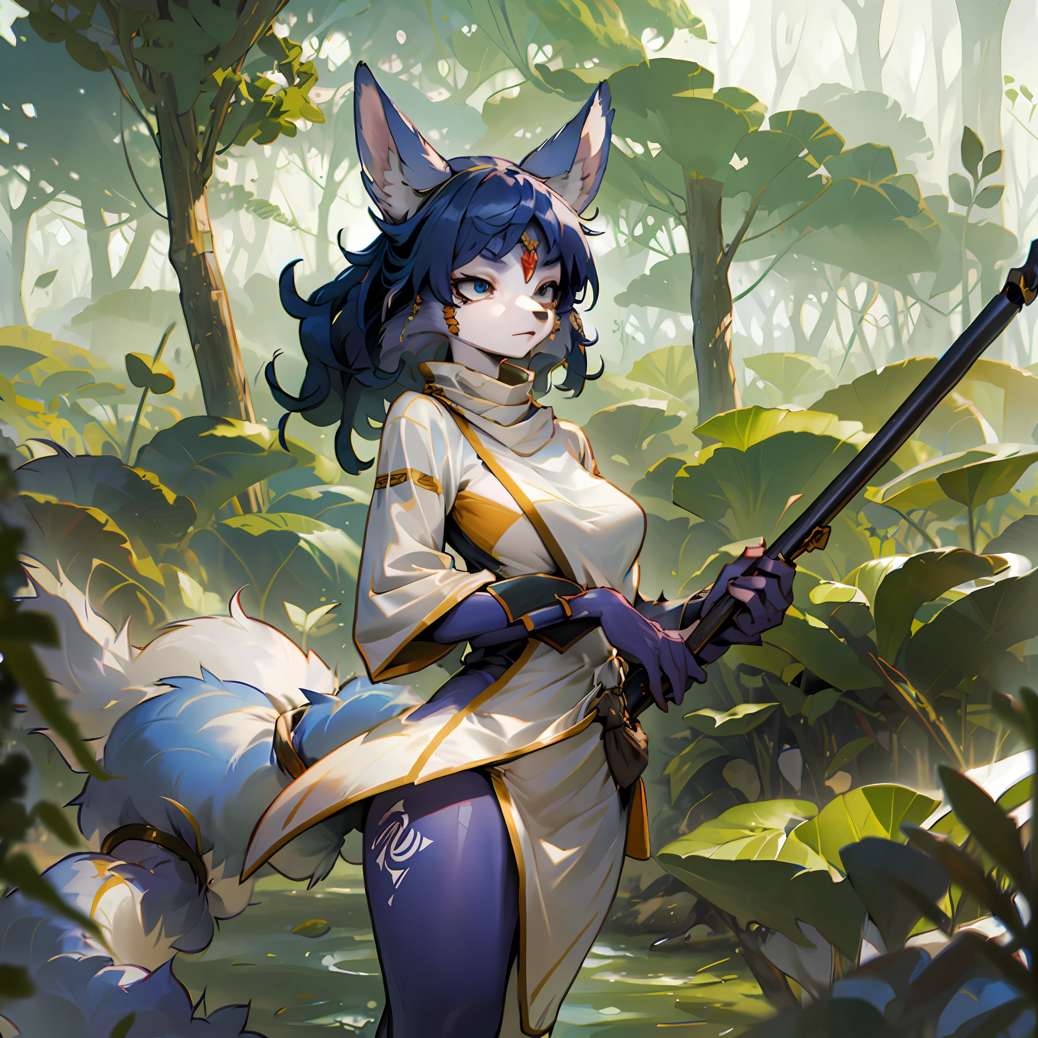 Foxgirl, Holds a long stick and stands in combat readiness, in a battlefield in the Benbo Forest