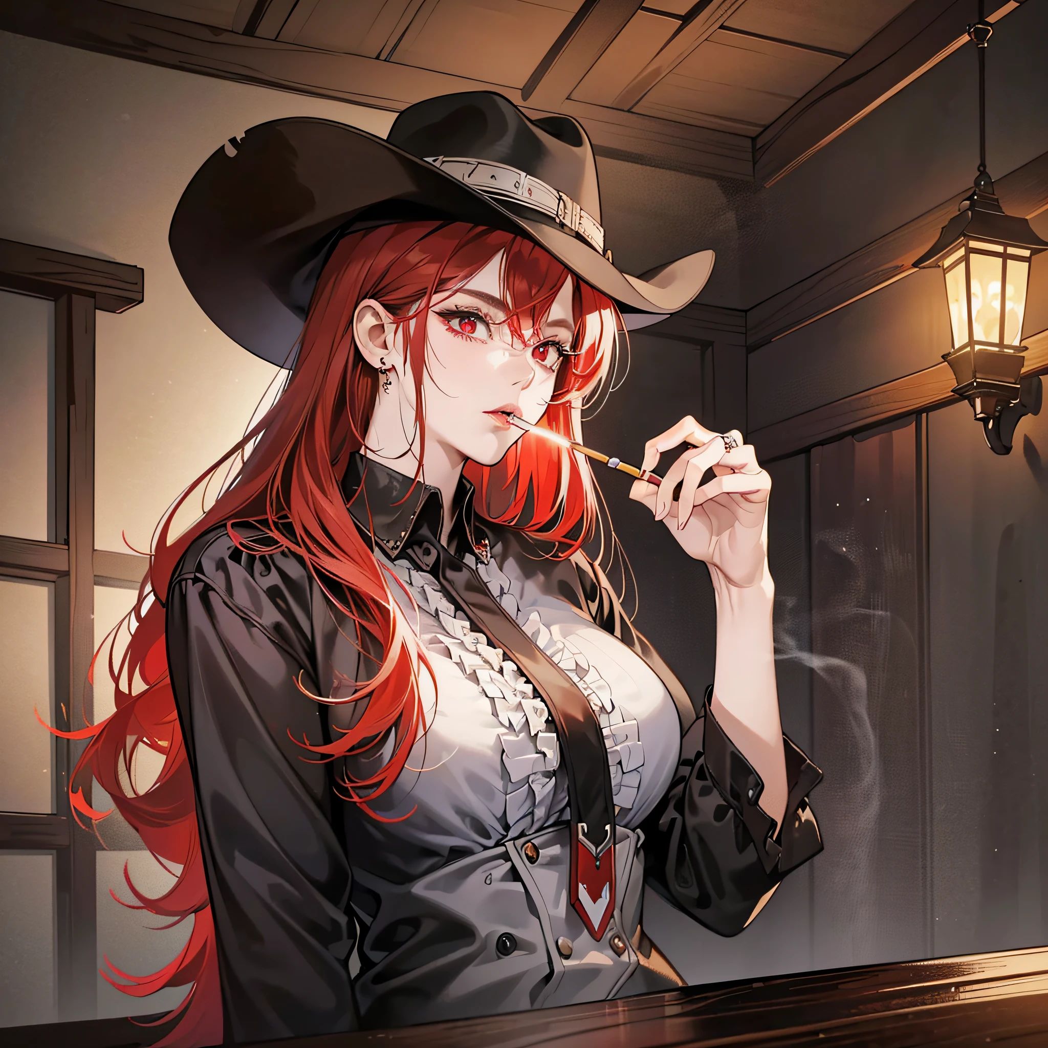 (8k, best quality, masterpiece:1.2), ultra-detailed,best quality, ultra high resolution, professional lighting, red-haired woman, cowboy hat, smoking a cigarette, blood in mouth, vampire, wild west setting, pale, beautiful, hot, sexy, old west outfit, cowboy outfit, shy, red eye, seductive look, piercing look, mysterious look --auto --s2