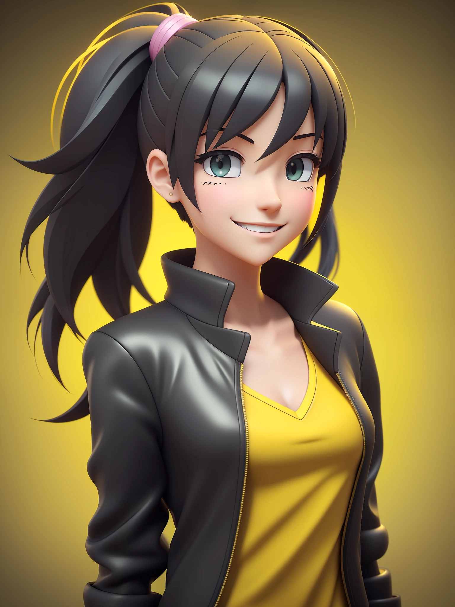 Young girl, a cartoon character dark yellow outfit, expression with ((melancholic smile)), (hair up to shoulder), stylized character, animation character, stylized 3d render, 3d character, highly detailed character, stylized anime, stylized 3d, render character, character model, close up, maximum quality