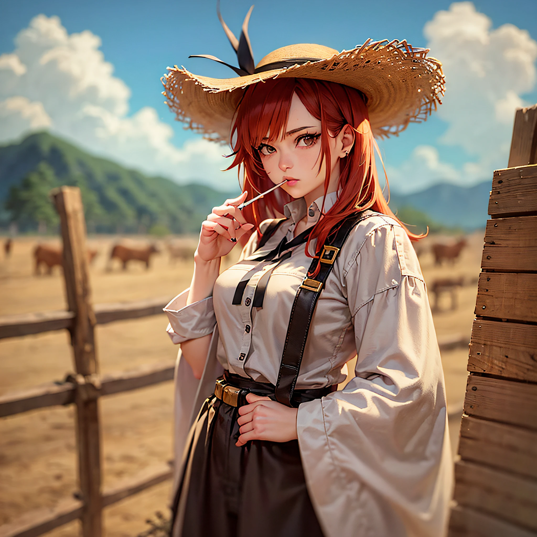 (8k, best quality, masterpiece:1.2), redheaded girl, shy, sexy, old west clothes, hay ball passing behind, cute sky, cowboy hat old west, wild west, rodeo, smoking a cigarette, sexy, one eye totally white and the other totally black, album cover, spotify --auto --s2