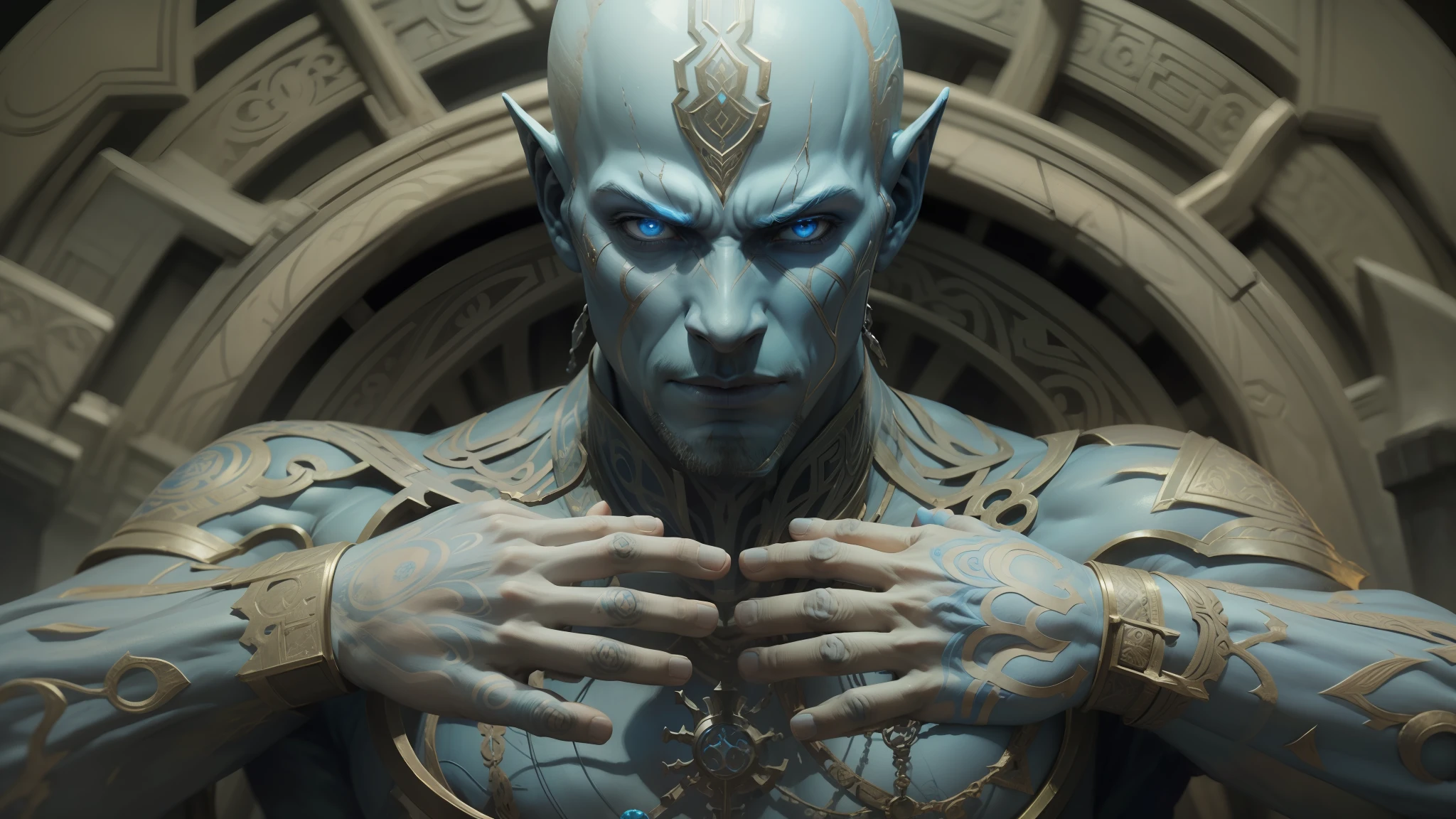 a close up of a statue of a man with a large head, film still from'doctor strange', beautiful biomechanical djinn, with rune tattoos on the face, russian cinema, benevolent android necromancer, intricate detailed oil painting, by Vladimir Borovikovsky, alex grey style, epic elven warrior, high definition cgsociety, blue skin --auto --s2