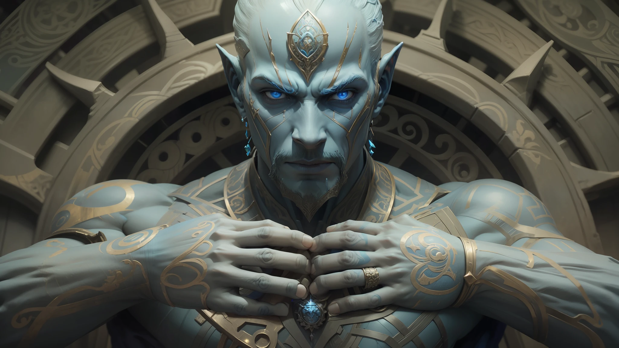 a close up of a statue of a man with a large head, film still from'doctor strange', beautiful biomechanical djinn, with rune tattoos on the face, russian cinema, benevolent android necromancer, intricate detailed oil painting, by Vladimir Borovikovsky, alex grey style, epic elven warrior, high definition cgsociety, blue skin --auto --s2