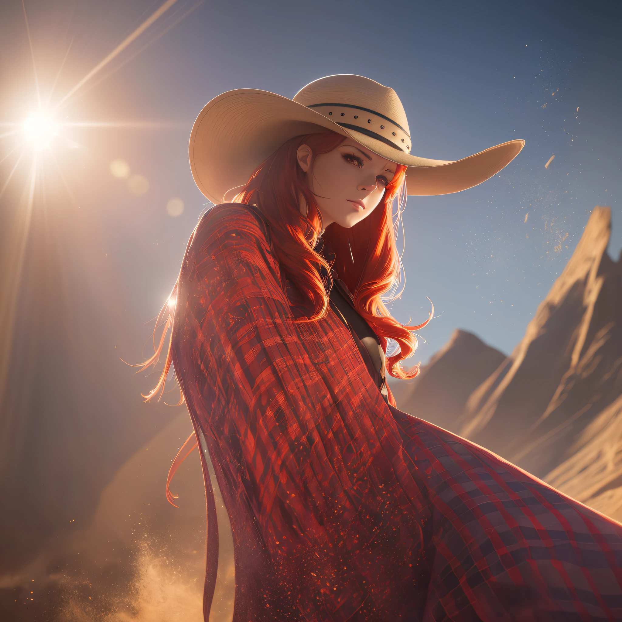 (8k, best quality, masterpiece:1.2), (realistic, photorealistic:1.37), ultra-detailed,best quality, ultra high resolution, professional lighting, photon mapping, radiosity, physical-based rendering, red-haired cowgirl, album cover, spotify, cinematic lighting, sharp focus, sunbeam, good composition --auto --s2