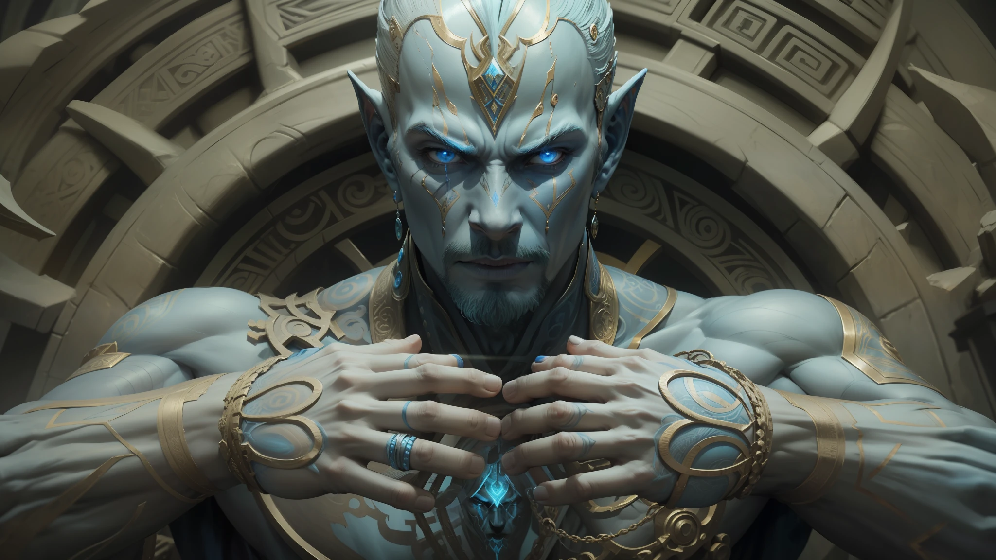 a close up of a statue of a man with a large head, film still from'doctor strange', beautiful biomechanical djinn, with rune tattoos on the face, russian cinema, benevolent android necromancer, intricate detailed oil painting, by Vladimir Borovikovsky, alex grey style, epic elven warrior, high definition cgsociety, blue skin --auto --s2