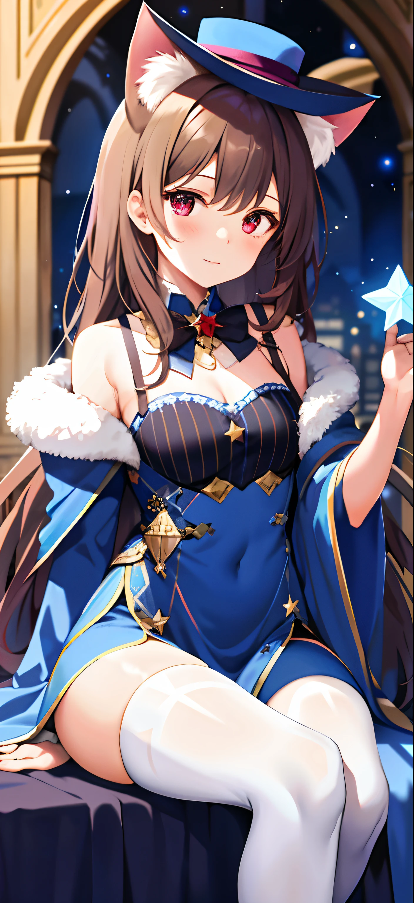 A girl wearing a large blue starry magic robe in the academy, light brown hair, wine red eyes like a starry sky, a cat girl, sad cheeks, a big magician hat