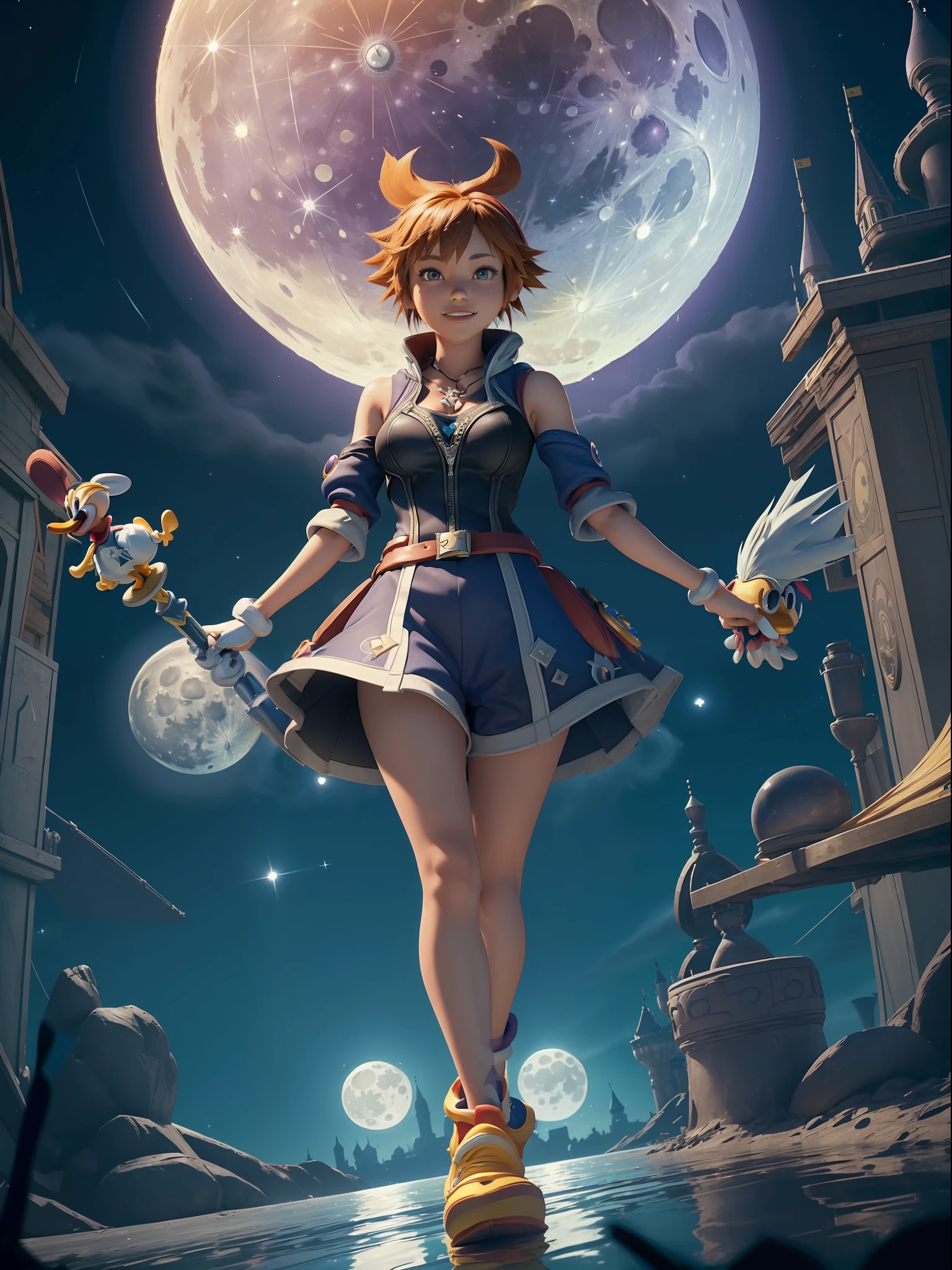 (Full body photo:1.7), (Kingdom Hearts 3, One/Woman/as Sora protagonist of Kingdom Hearts alongside /Donald Duck and /Goofy character:1.5), (Big Breasts:1.7), (Wearing the full outfit of the Sora from Kingdom Hearts/holding the Keblade sword shaped like a key from the game Kingdom Hearts:1.3), (Looking at the viewer/smiling:1.3),  (She's next to Donald Duck and Goofy:1.7), (She's in a magical/night/full moon city in the sky:1.7), (She's got Sora's hair from kingdom hearts: 1.5), (blue eyes: 1.5), (extremely tight body suit: 1.7), (doing sexy standing poses: 1.2), (Kingdom Hearts, award-winning, UHD, anime, high detail,  16k, high quality, masterpiece)