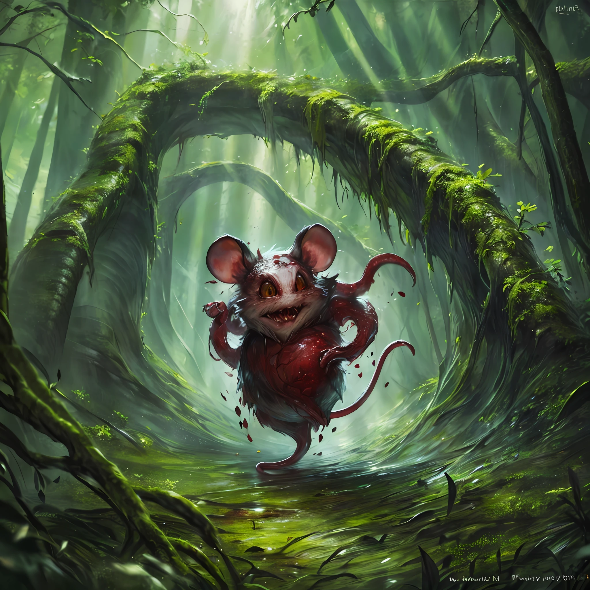 Bloodthirsty monster in the form of a mouse in a super realistic and very detailed forest