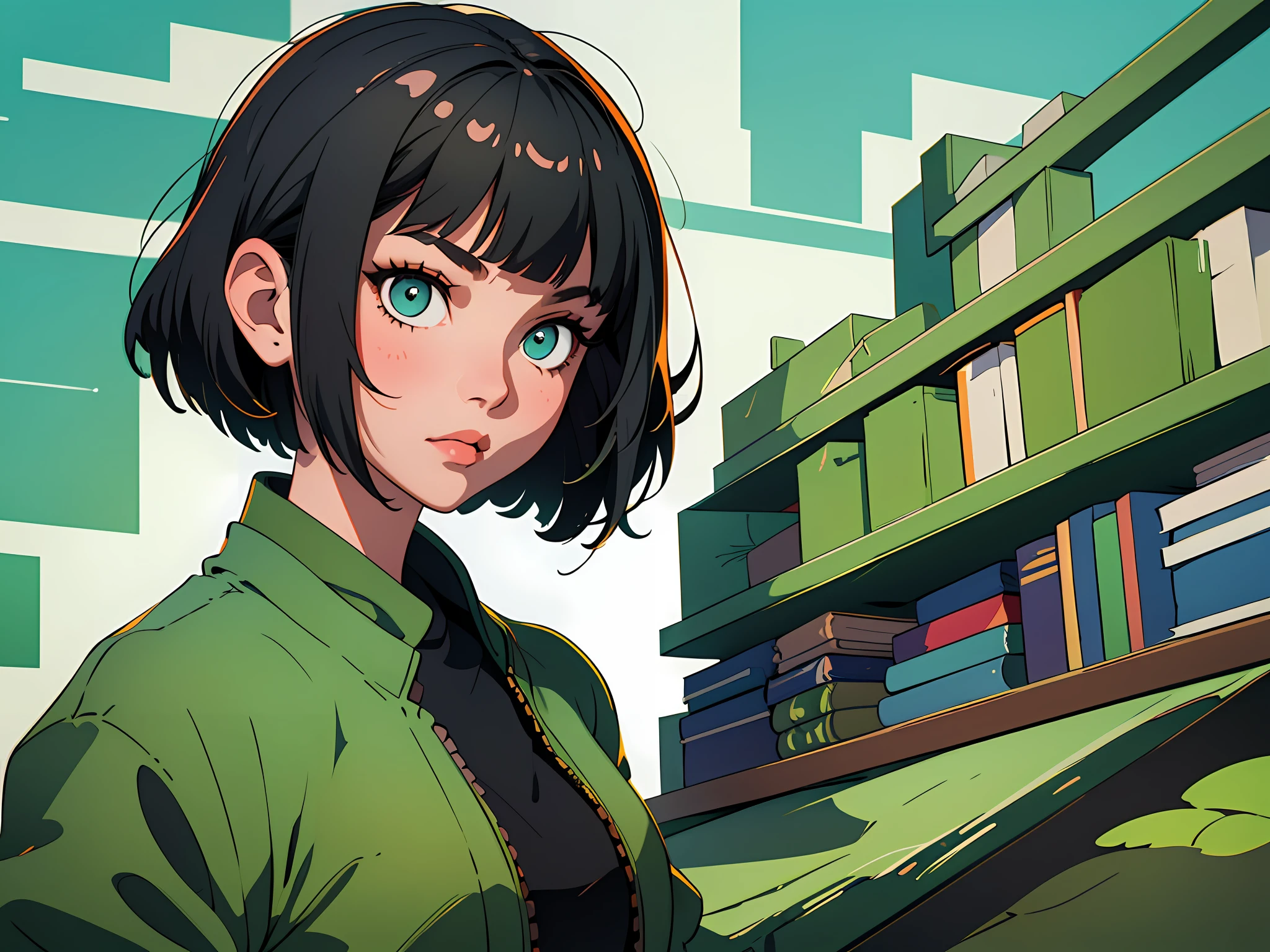 (best quality, masterpiece), 1girl, black bob cut hair, green jacket, white background,  stack of books, eyes not facing camera