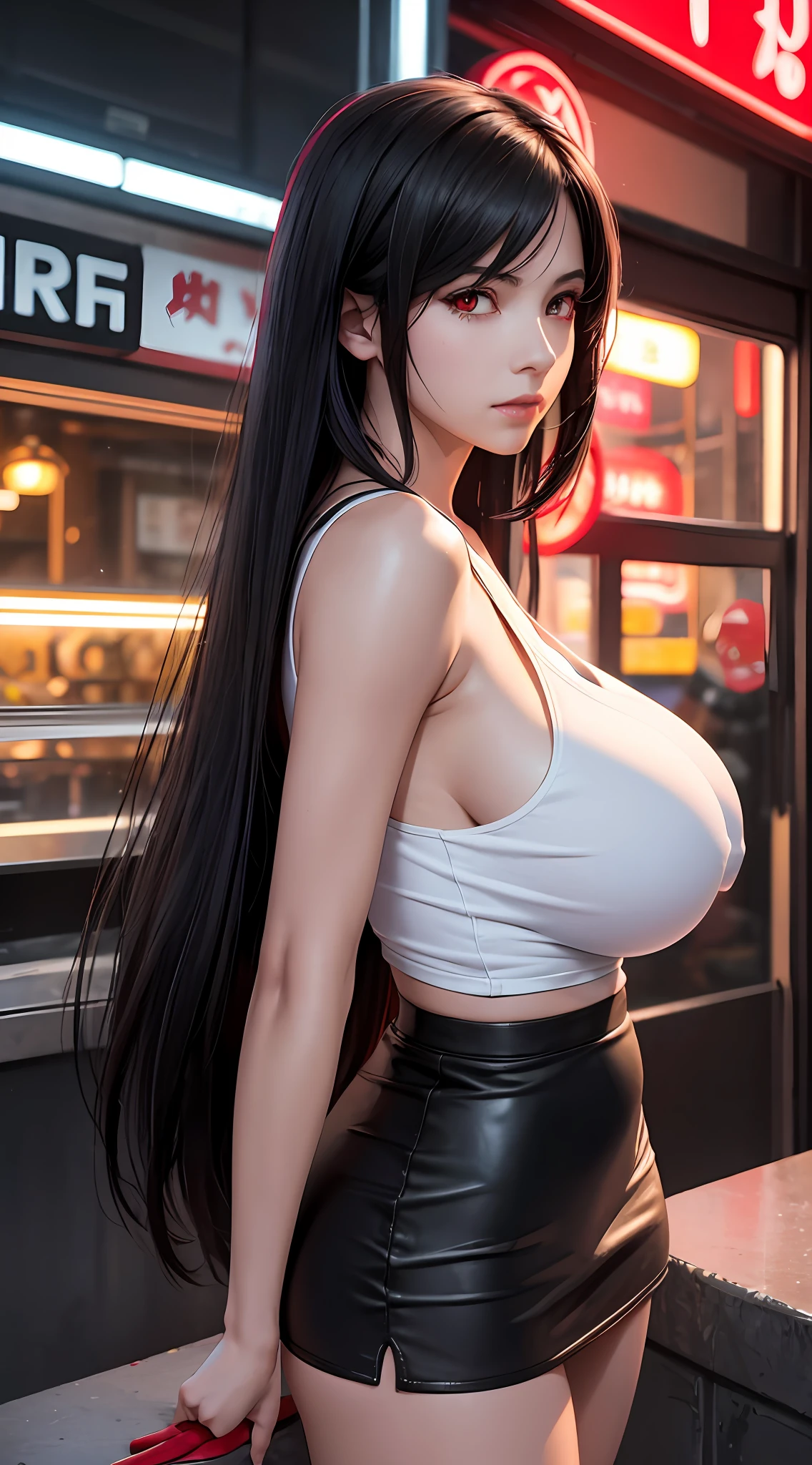Tifa lockhart, tifa_lockhart, ff7, sultry face, (white tank top:1.2), black miniskirt, (black long hair), hair bangs (red eyes:1.3) long eyelashes, beautiful red eyes with brightness, surrealism, shadow, stereogram, (photorealistic, realistic: 1.2), POV, atmospheric perspective, cinematic lighting, ray tracing, 8k, super detail, best quality, masterpiece, well detailed, (Canan EOS R6, 135mm, 1/1250s, f/2.8, ISO 400:0.9), cyberpunk, neon, neon signs, ramen shops, (huge breasts:1.5) red gloves, view from behind