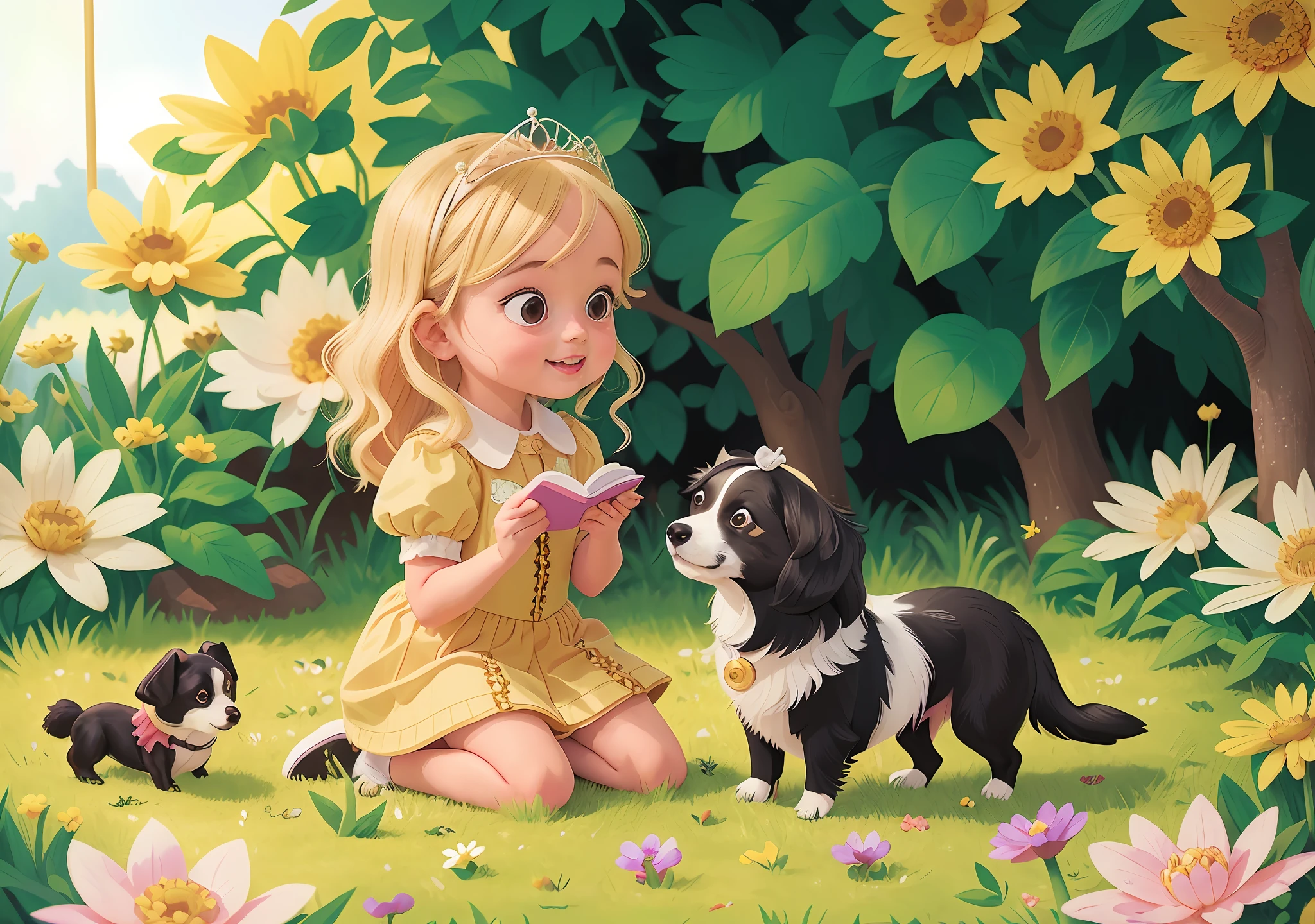 5--old l, blonde, dressed as a princess, kneeling in a garden, petting a white and black border collie dog, close-up view, telephoto type, comic book type drawing, comics, children's literature.