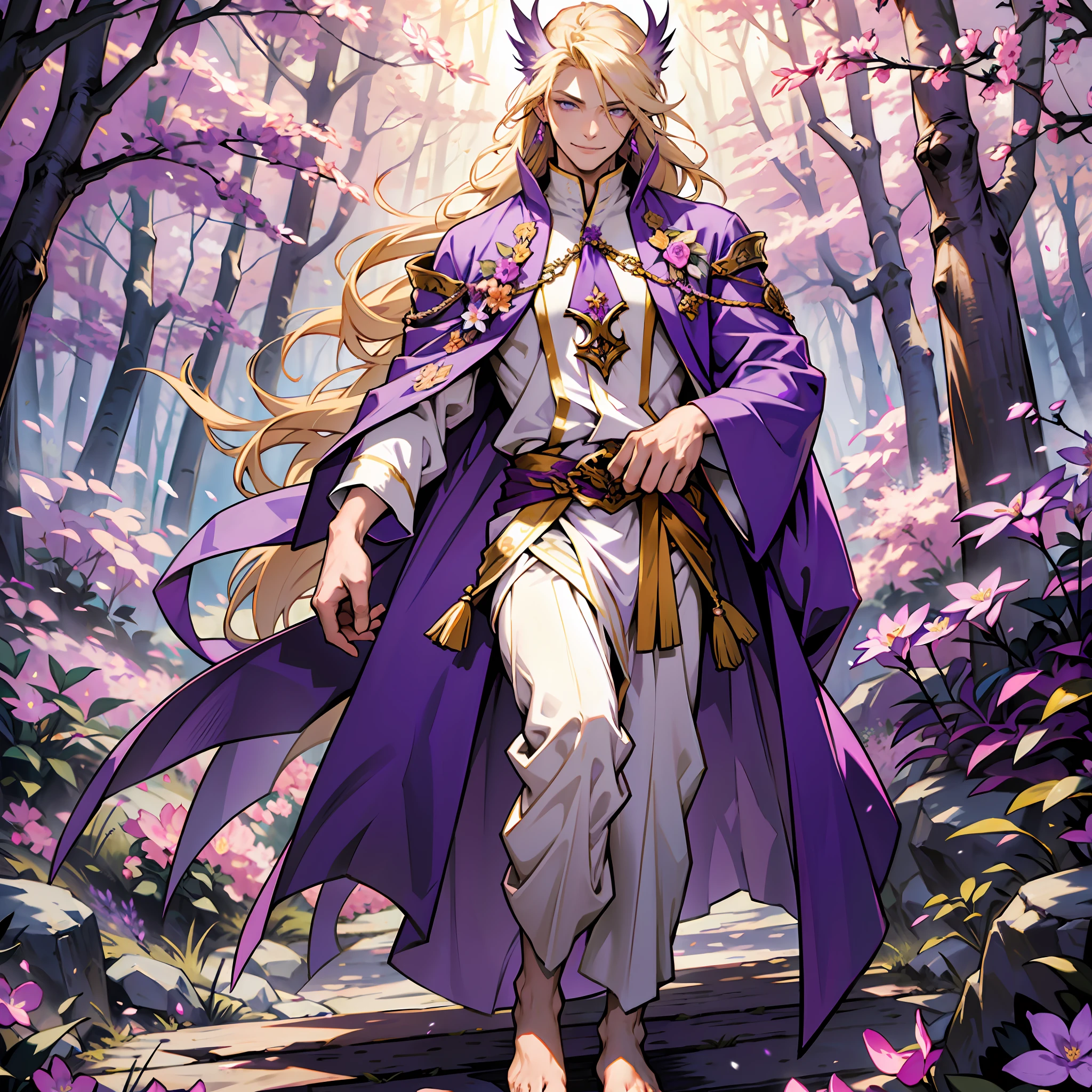 Gorgeous man, thin, lilac robe, yellow colored blouse under the robe, lilac colored Arabian pants, barefoot, long blonde hair, lilac colored eyes, slender appearance, with a violet crow on his arm, pink flower on his left ear, smiling look, fighting pose, mystical forest scenery.