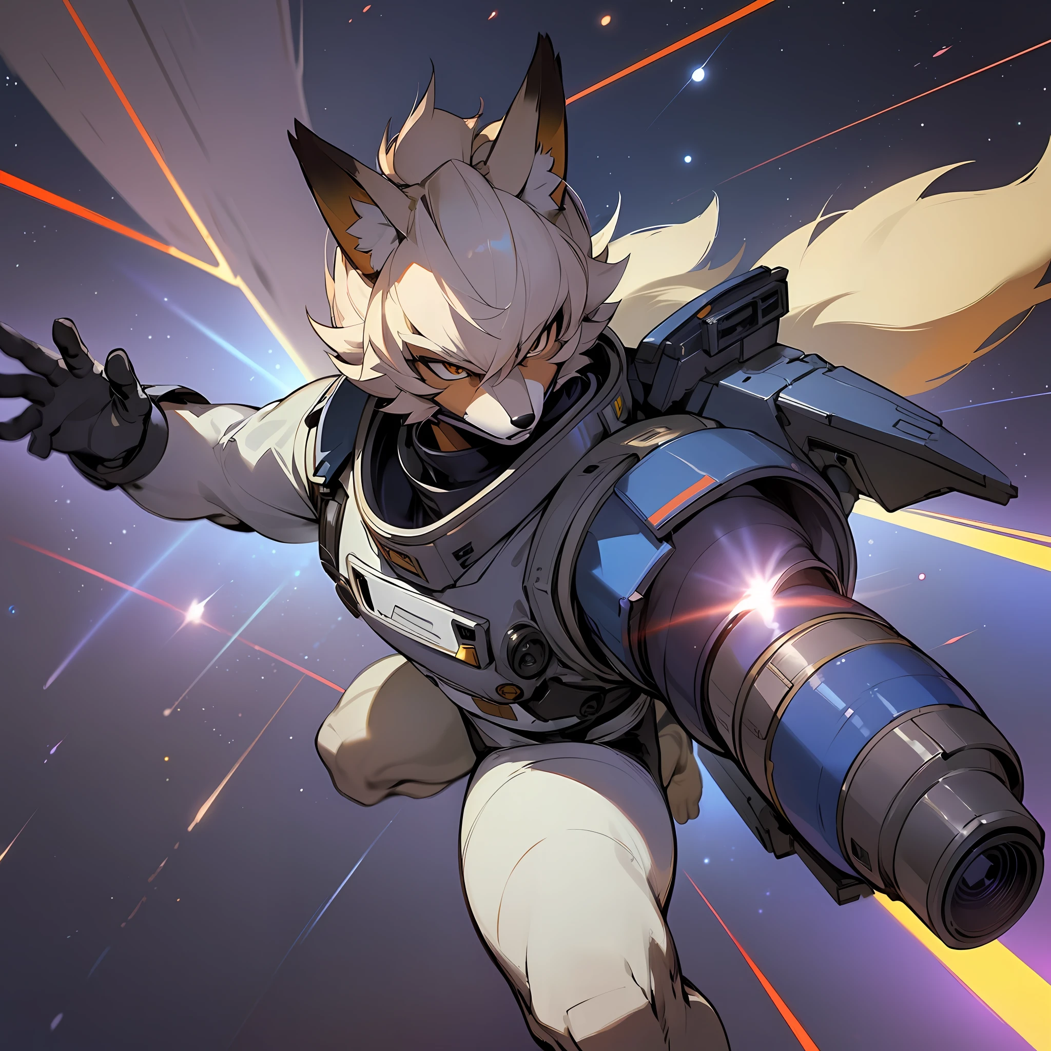 ((Furry man))(masterpiece), best quality, ultra-detailed,(Fox McCloud), pilot attire, sleek, high-tech, futuristic, intense action shot, space fighter, targeting system, laser beam, deep space, starry background, dynamic lighting