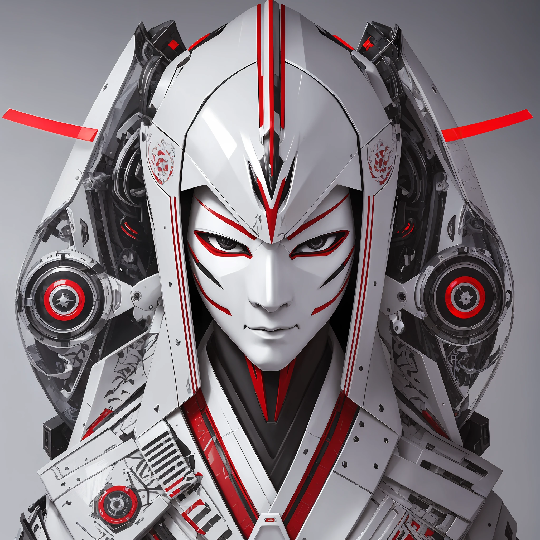 Character Design, Cyberpunk Samurai assassin, white Arasaka mask, futuristic face implants, White Reflective Porcelain, Bio-mechanical, white japanese kimono, red white gold and black colors, shiny, glossy, reflective, mechanical features, cybernetic, highly detailed mechanisms, high detail, intricate design, photorealistic, hyperrealistic, Unreal Engine --auto --s2