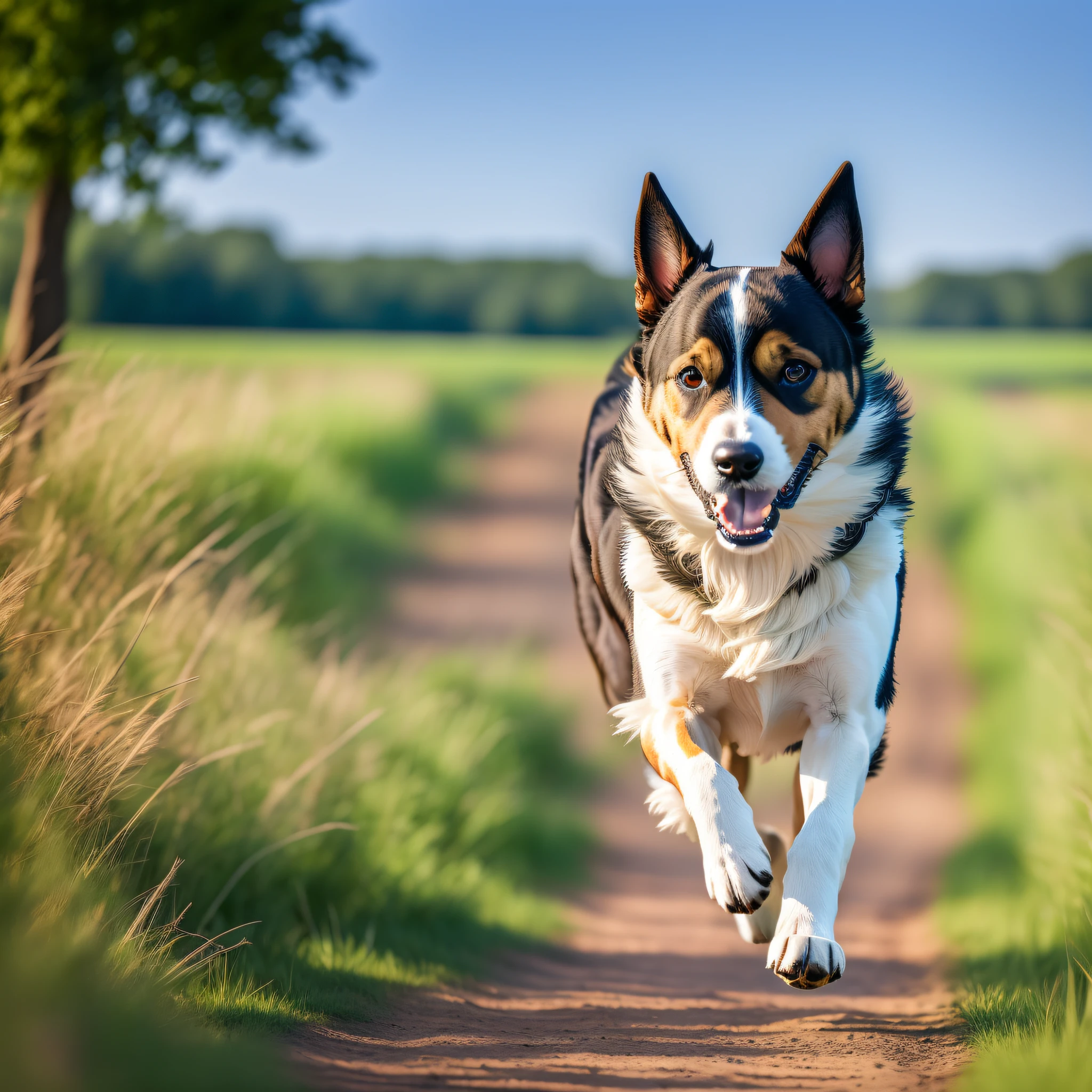 hyperphotorealistic image of a dog running in the country fields