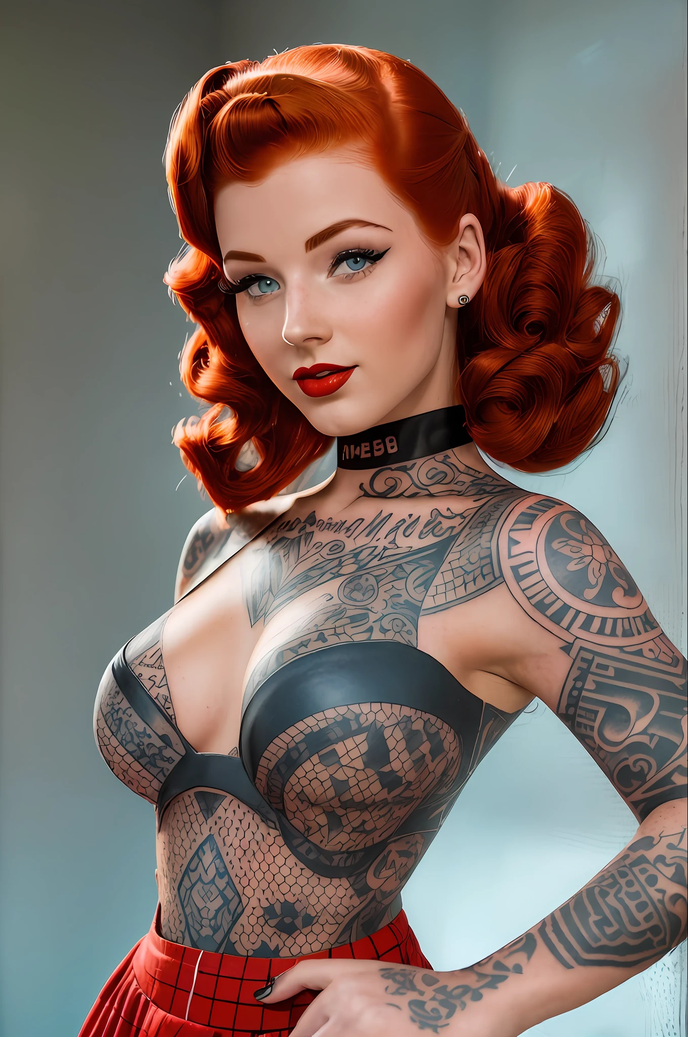 ((a nerdy girl redhead, seductive,beauty, 50s high beehive hairstyle)),smooth skin, ((heavy tattooed, traditional american tattoos,))intense light-blue eyes, red lips, polka-dot dress, filter sunlight make her skin had dreamy radiosity, intrincate, vivid shadows, volumetric light, impressive, midjourney, leonardo style, --auto --s2