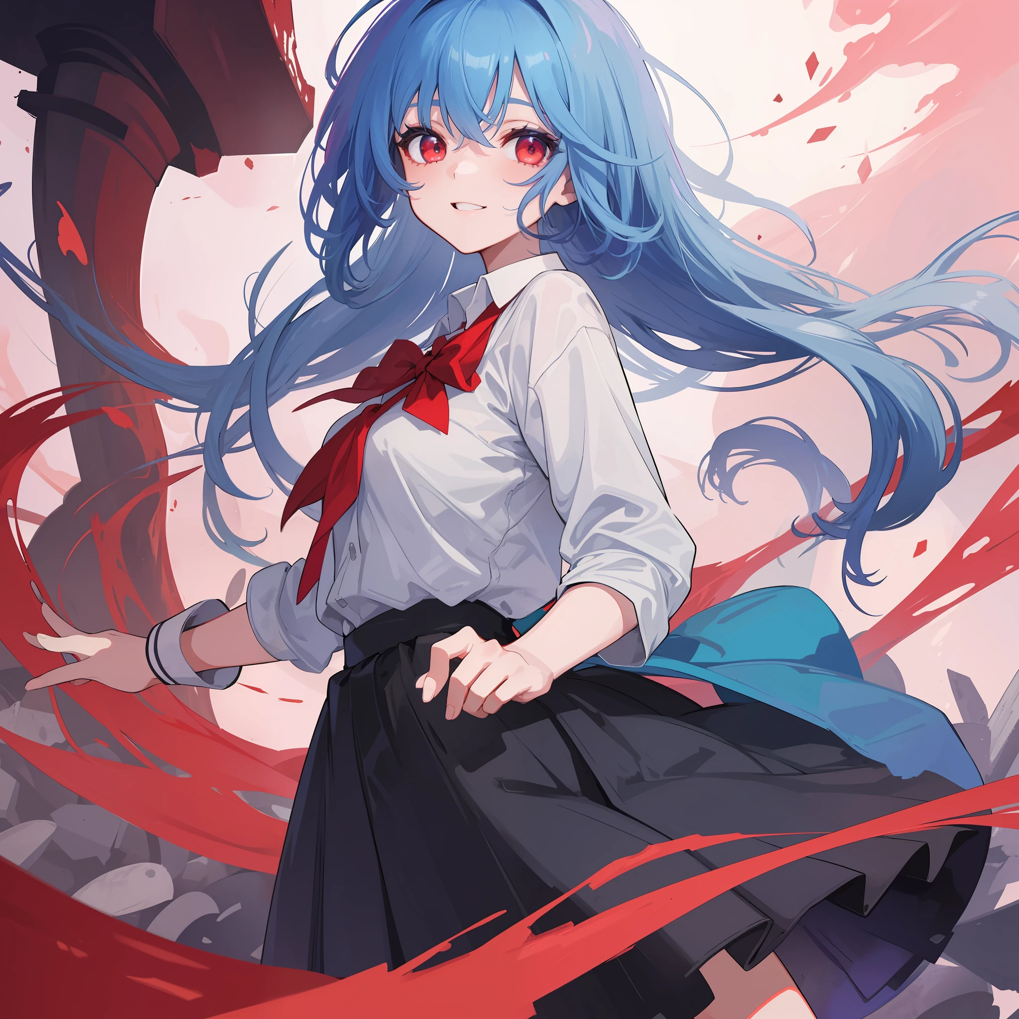 A beautiful girl with blue hair, red eyes, wear school uniform, with harm smile