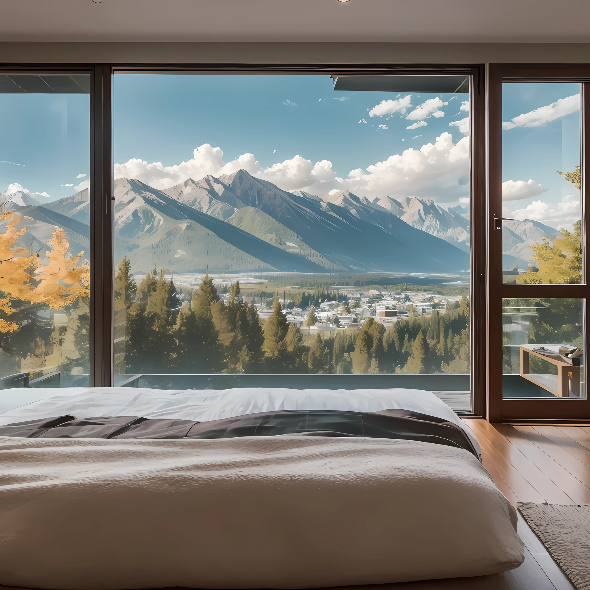 POV, seeing from the bed, there is a woman in lingerie sitting at the foot of the bed looking at the window, in the background there is a window of modern architecture, at the bottom of everything there is a landscape of mountains and trees