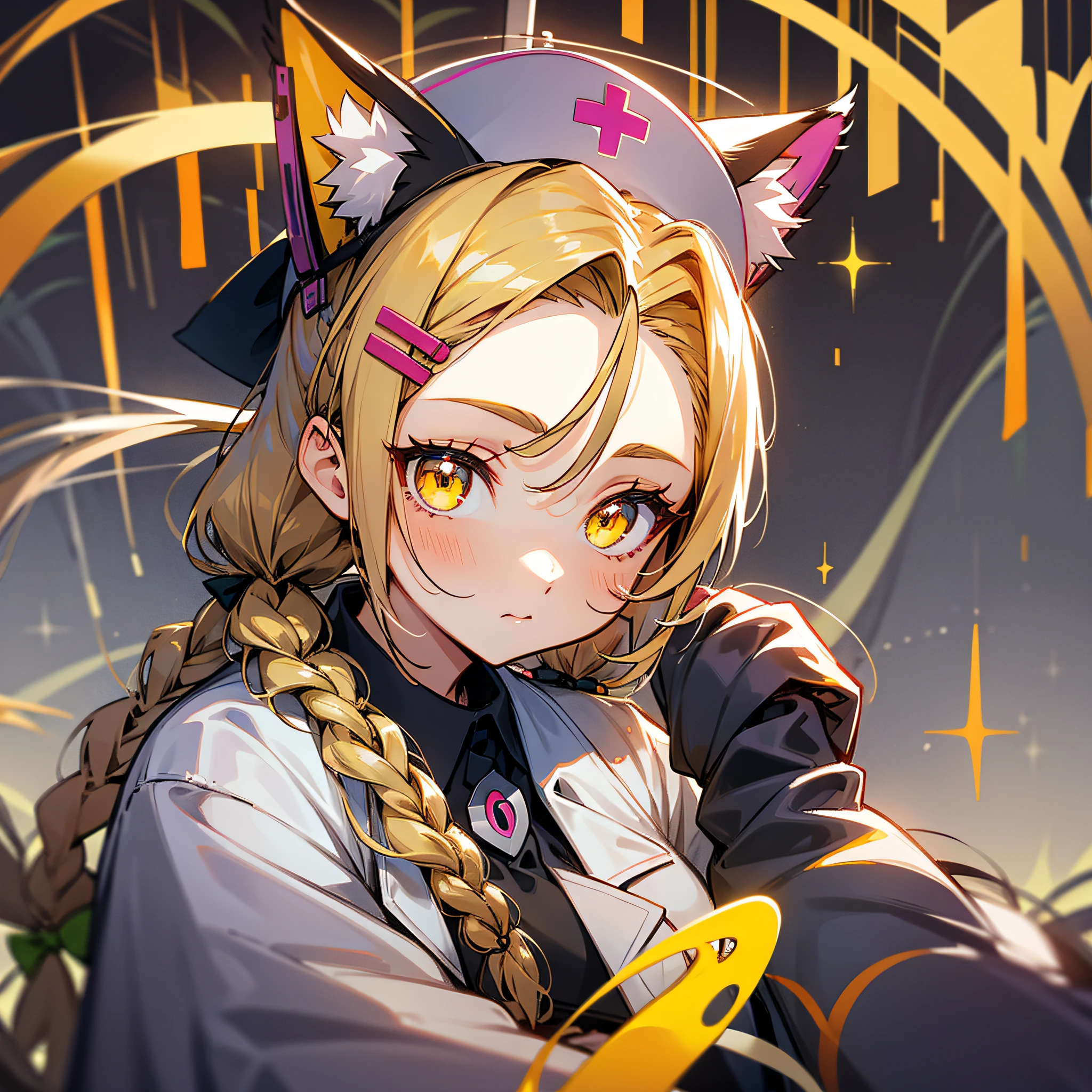 hair slicked back, long braid, low twintails, side braids, split ponytail, absurdly long hair, tentacle hair, braided bangs, halo, tokin hat, nurse cap, hairclip, hair bow, white eyes, yellow eyes, amber eyes, horizontal pupils, diamond-shaped pupils, animal ears, fox ears, cat ears, dog ears, no nose --auto --s2