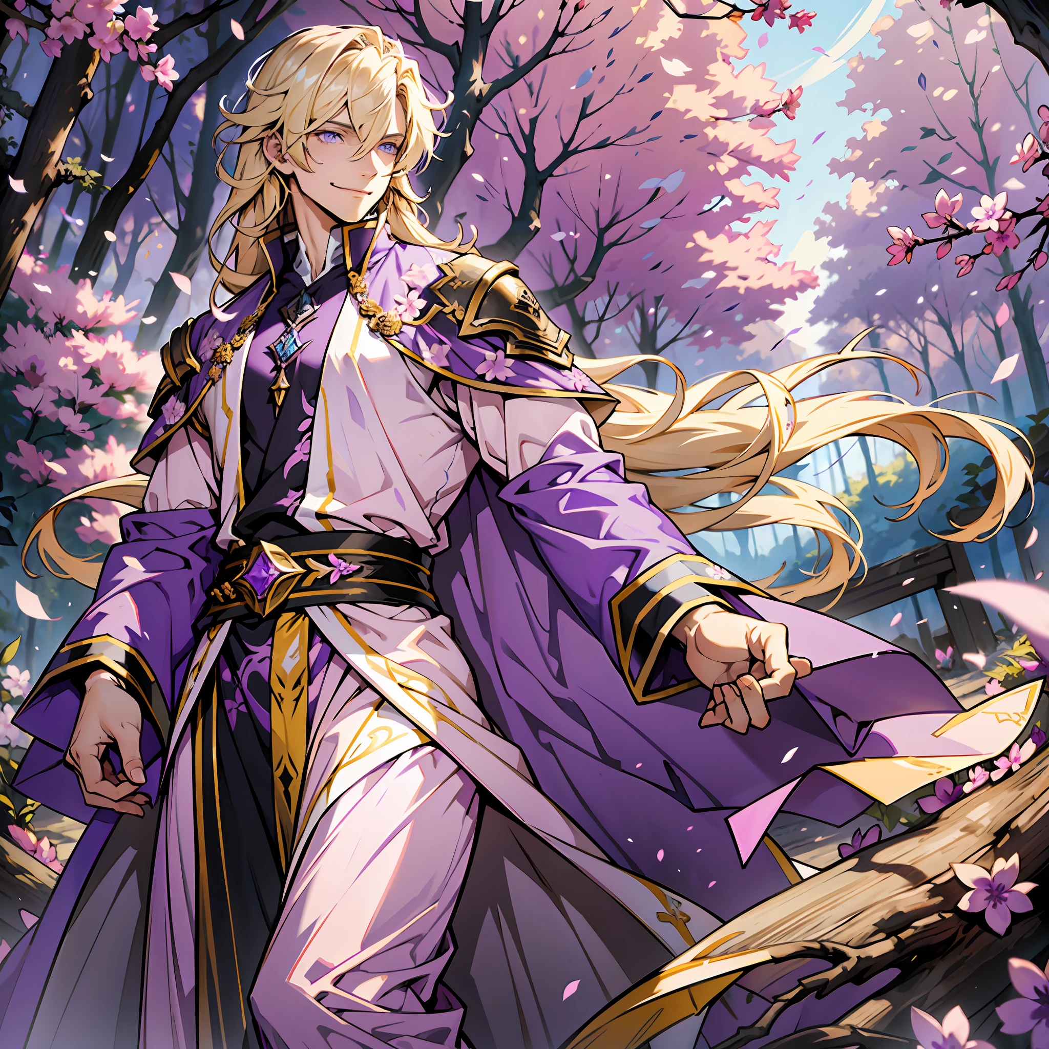 Gorgeous man, thin, lilac robe, yellow colored blouse under the robe, lilac colored Arabian pants, barefoot, long blonde hair, lilac colored eyes, slender appearance, with a violet crow on his arm, pink flower on his left ear, smiling look, fighting pose, mystical forest scenery.