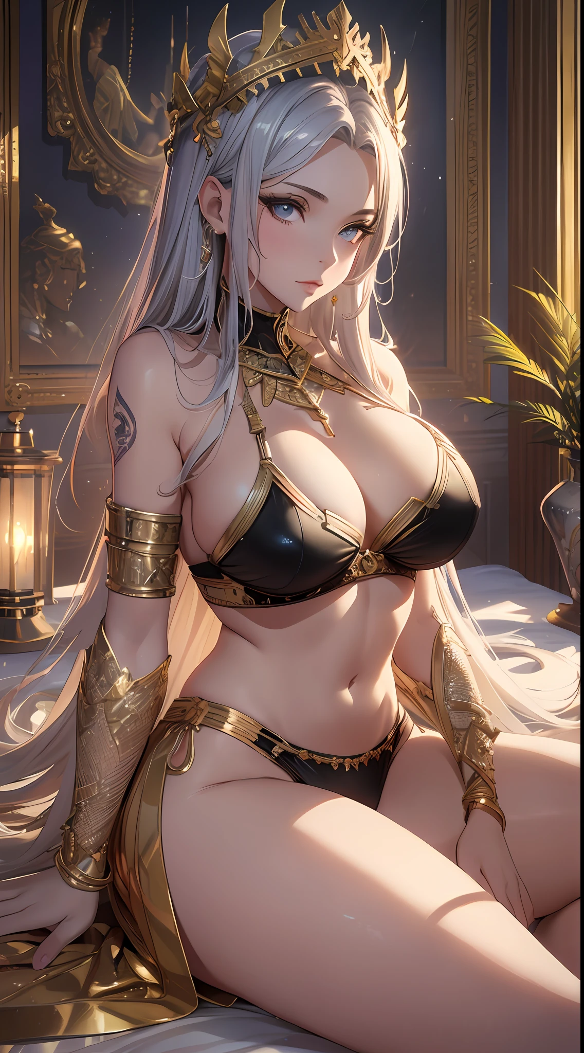 Absurdres, Best quality, masterpiece, lying on a grand divine bed, seductive pose, legs open, 1girl, solo, big breasts, mature, goddess, angelic ,ancient , golden ratio, fibonacci sequence, golden silver divine bikini, intricate design bikini, mythological bikini, lose translucent robes, perfect anatomy, detailed eyes, face, lips, neck, big breasts, midriff, thighs, sexy, beautiful, attractive, flawless, sensual, seductive, perfect lighting, bar lighting, rim lighting, studio lighting, award winning, 8K unity CG wallpaper, trending on CGsociety, trending on art station, zbrush, blender, photoshop, cinematic,